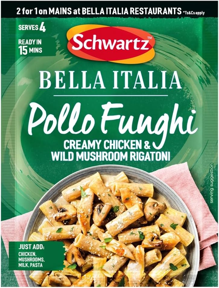 Schwartz x Bella Italia Pollo Funghi Creamy Chicken & Wild Mushroom Rigatoni Recipe Mix, 30g