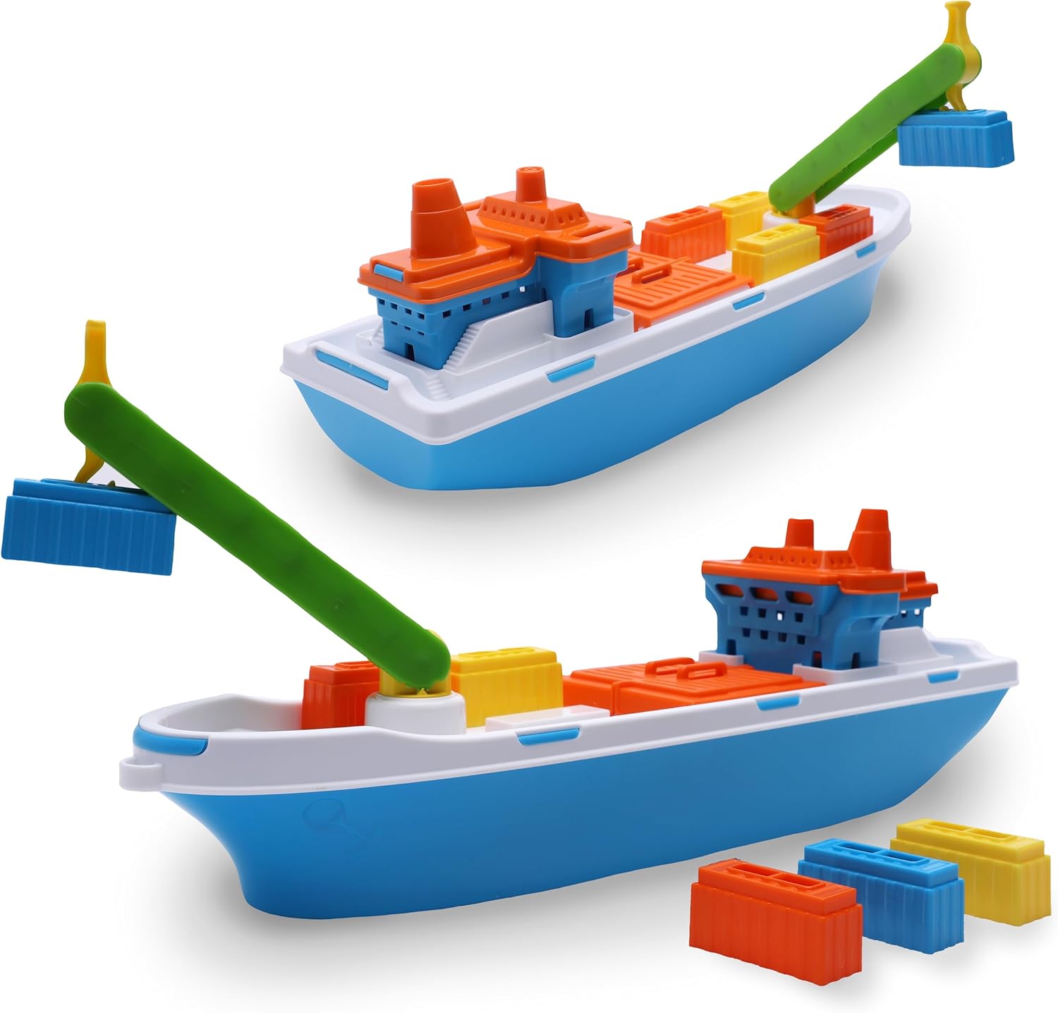 Toyland® 41cm (16") Colourful Cargo Ship with Moveable Doors, Crane & 6 Plastic Containers - Kids Floating Water Toy - Pool & Bathtime Toys - 3 Years+