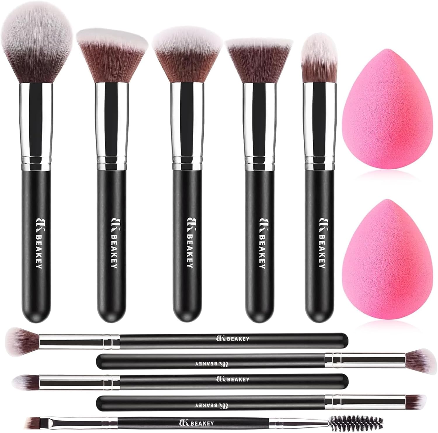 BEAKEY Diversity Makeup Brushes 12 Pcs Makeup Kit, Premium Synthetic Kabuki Foundation Face Powder Concealer Eyeshadow Blush Set, with 2 Pcs Blender Sponges (Black/Silver)