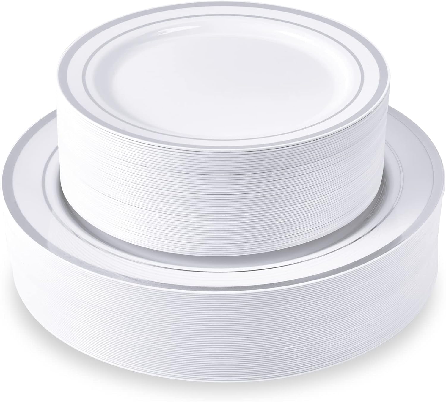 100 Piece Silver Plastic Party Plates, Disposable Silver Plastic Plates, Include 10 Inch Disposable Dinner Plates 50pcs and 7 Inch Dessert Plates Premium Party and Wedding Plates
