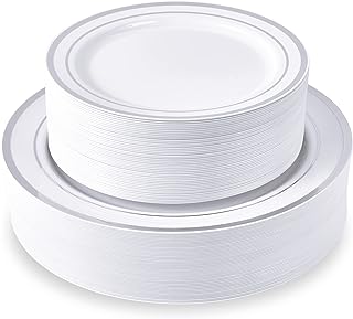 100 Piece Silver Plastic Party Plates, Disposable Silver Plastic Plates, Include 10 Inch Disposable Dinner Plates 50pcs and 7 Inch Dessert Plates Premium Party and Wedding Plates