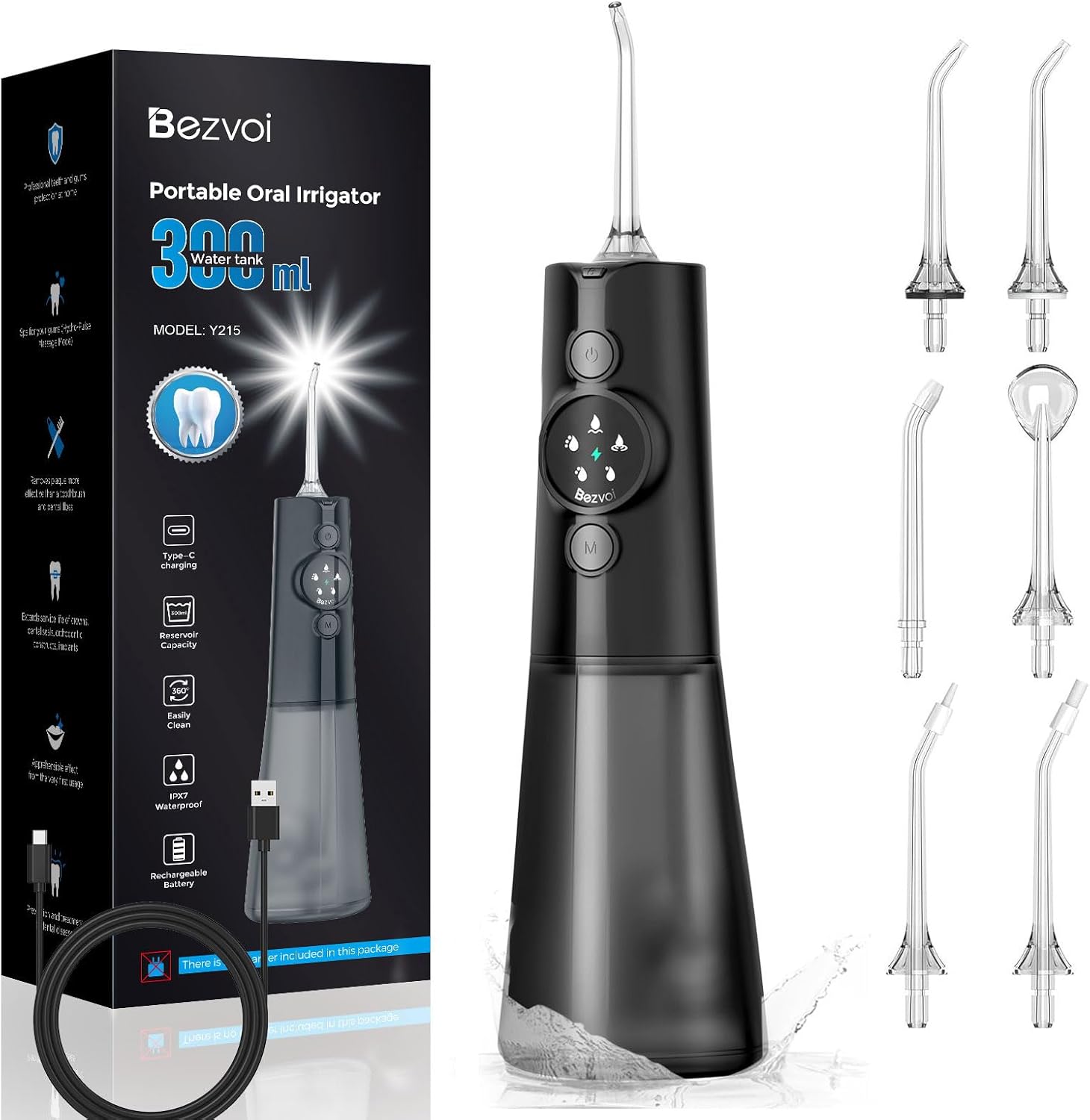 Water Flosser Teeth Pick: LED Display 5 Modes Cordless Dental Pick with 300ML Tank for Braces,Gums Care, IPX7 Waterpoof, 6 Jet Tips Water Flossing Cleaning Picks, Portable for Travel, Home, Y215 Black