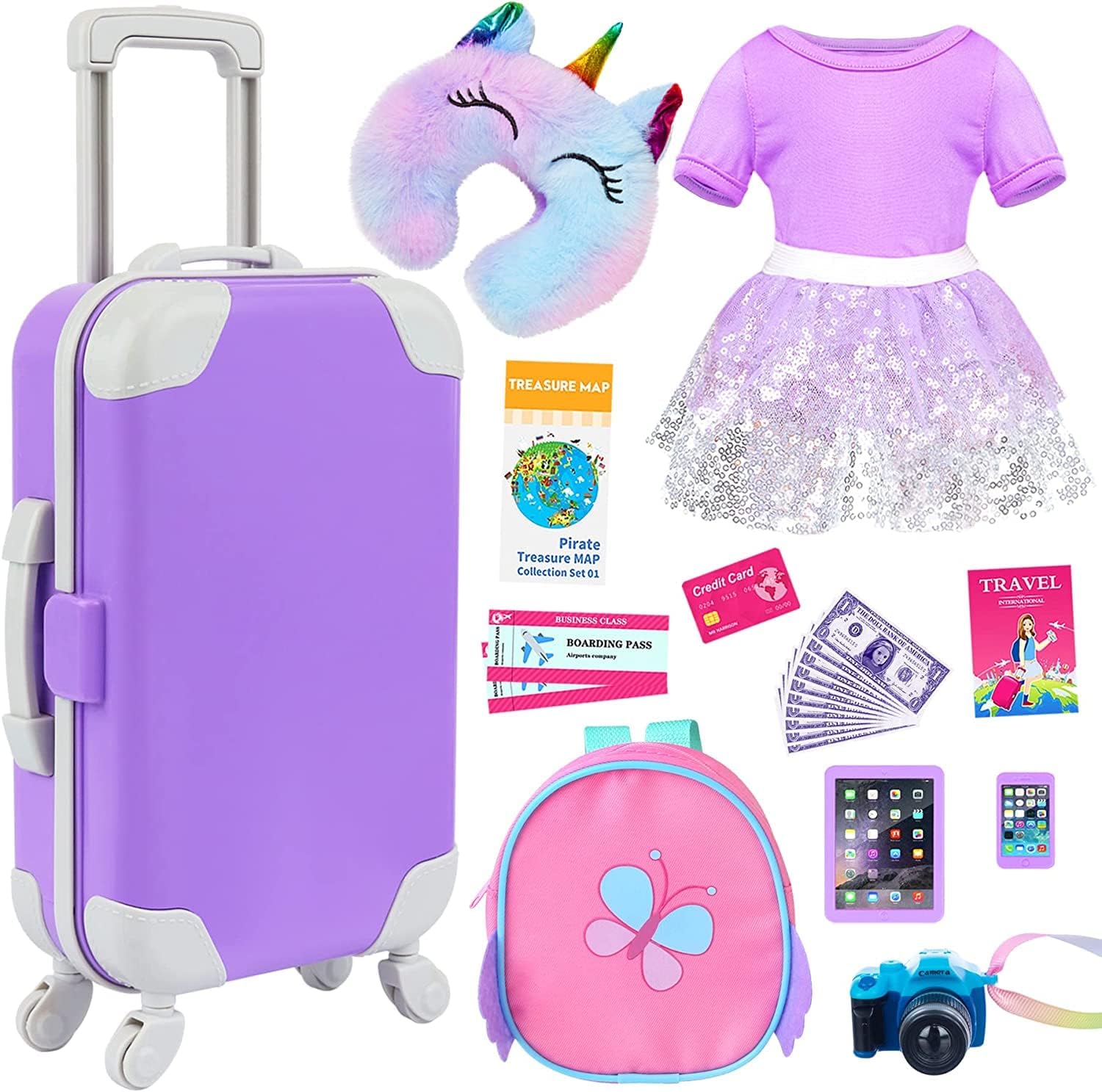 ZITA ELEMENT 23PCS 18 inch Girl Doll Accessories Case Luggage Travel Play Set with Toy Camera Travel Pillow Sunglasses Doll Stuff Fit Christmas Birthday Gift (Doll & Shoes Not Included)