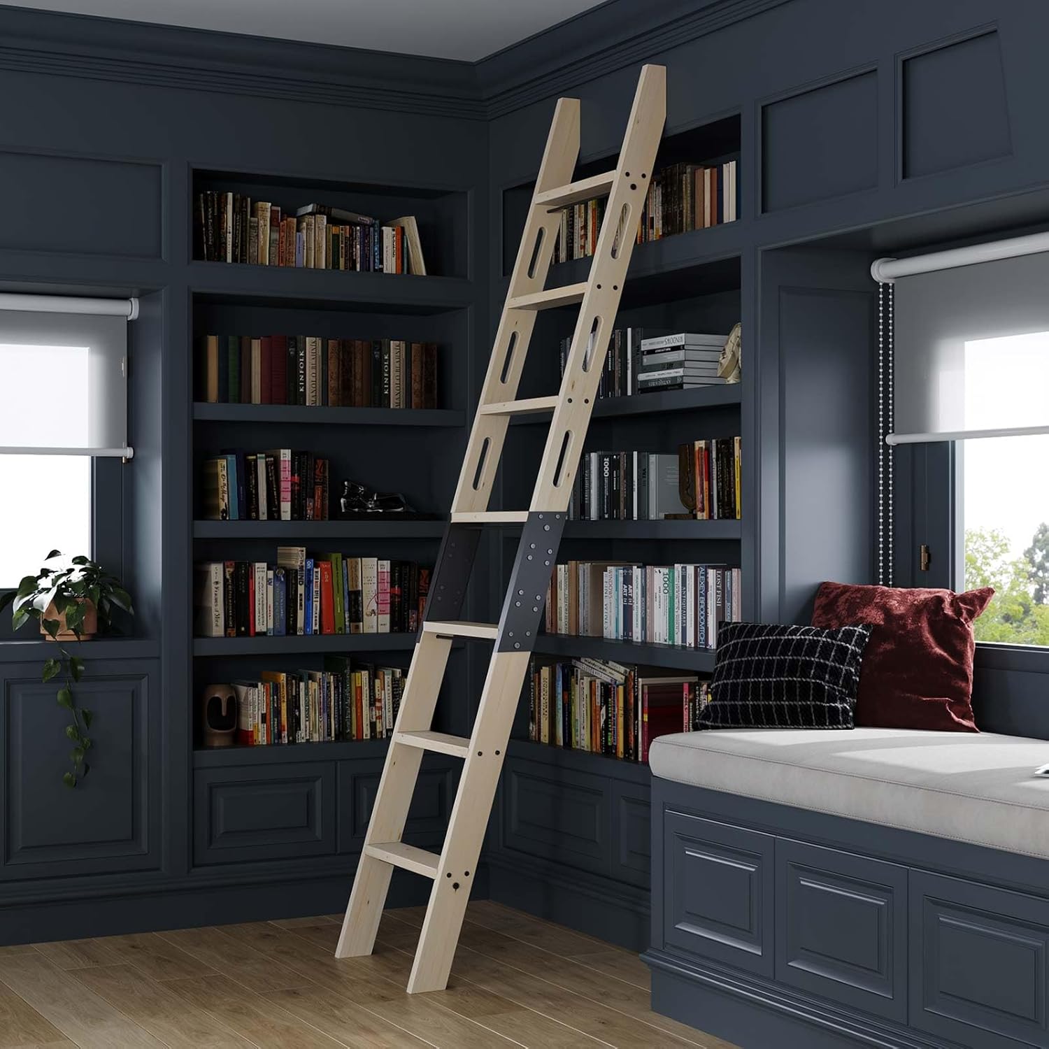 CEAKIAN 8FT Wooden Step Ladder with Build-in Handrail,Multi-use for Loft Stairs,Library Bookshelf,Kitchen,Workshop,Solid Spruce Wood,Easy Assembly,DIY Stain (Sliding Hardware is not Included)