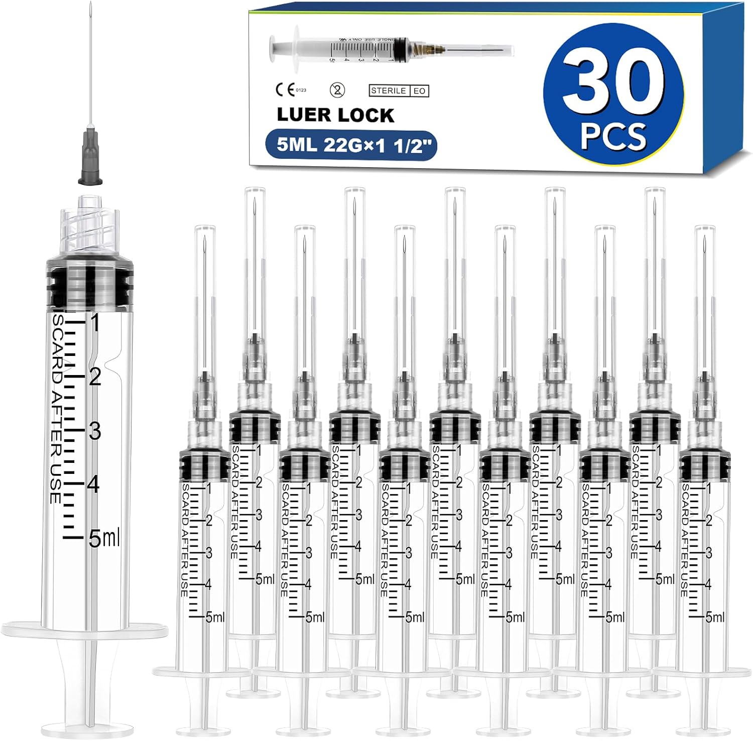 30 Pack 5ml Syringes with Needle-22Ga 1.5 Inch Needle with Luer Lock, Individually Sealed Packaging
