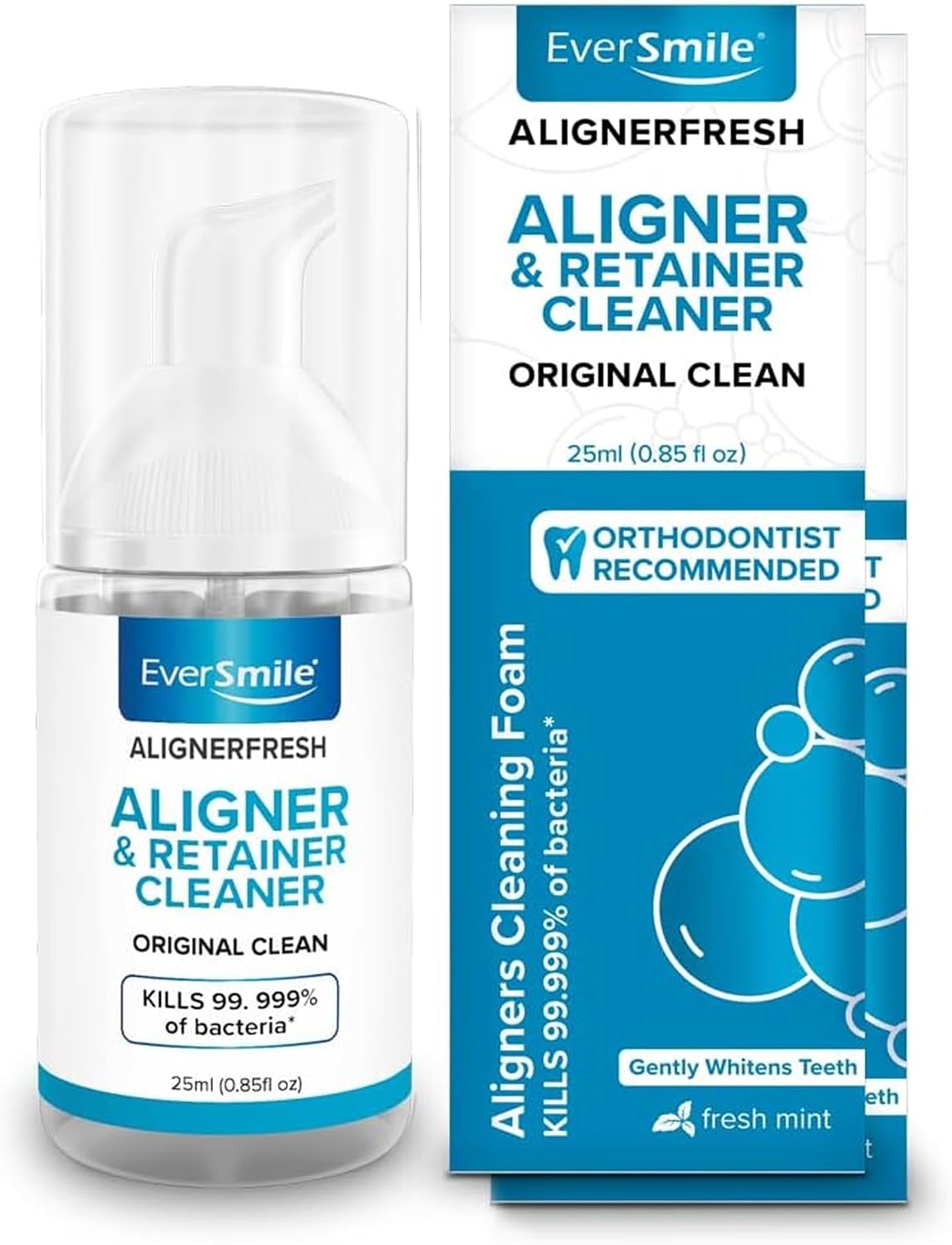 EverSmile AlignerFresh Original Clean Foam – Cleaner Compatible w/Invisalign and All Clear Aligners & Retainers – Eliminates Bacteria, Whitens Teeth, Fights Bad Breath – 25ml (2 Pack)