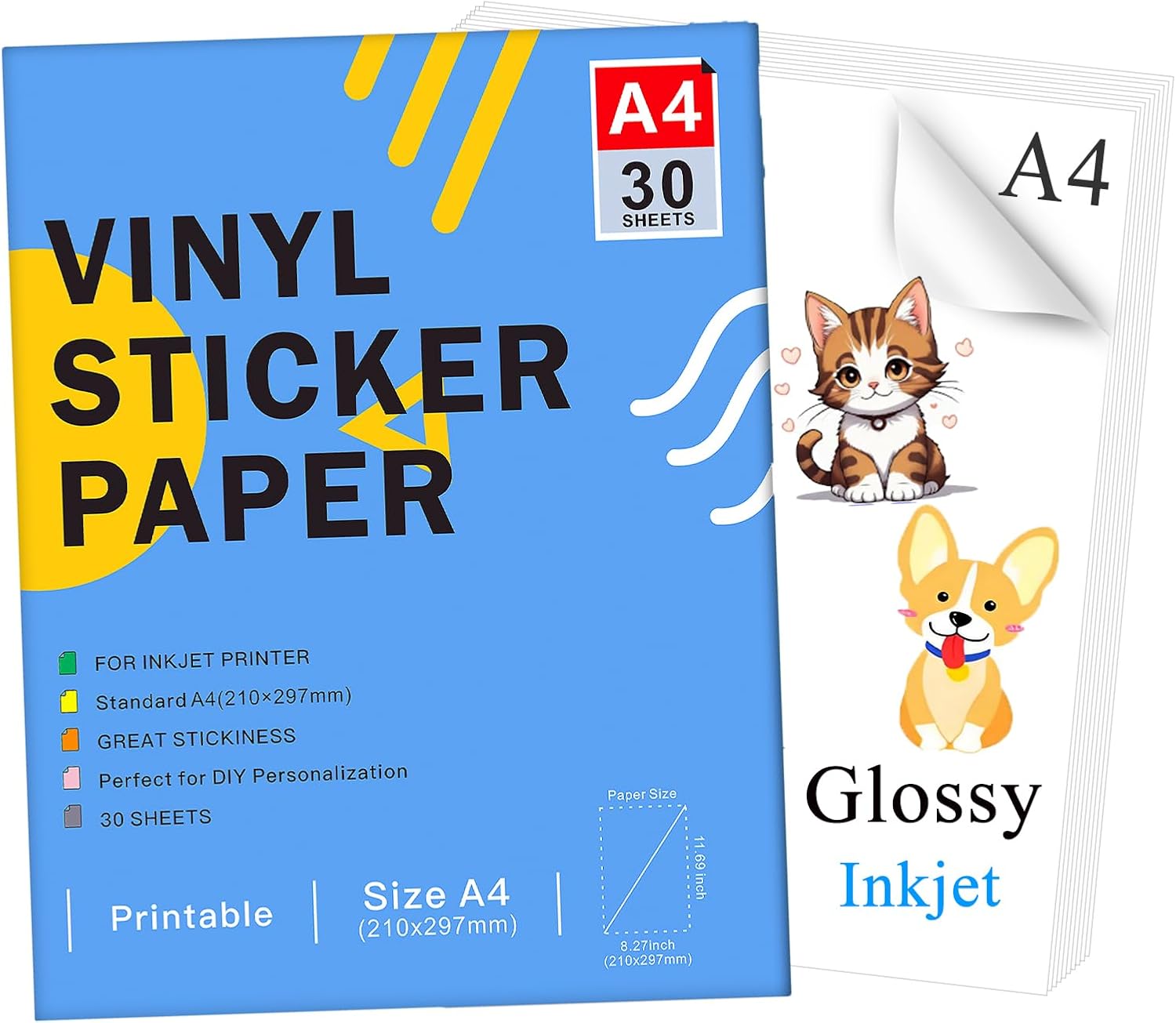 Ruibytree Printable Glossy Vinyl Sticker Paper for Inkjet Printer - A4 Size (297 x 210 mm) Glossy White Waterproof Self-Adhesive Sticker Compatible with Cricut, Dries Quickly Vivid Colors (30 Sheets)
