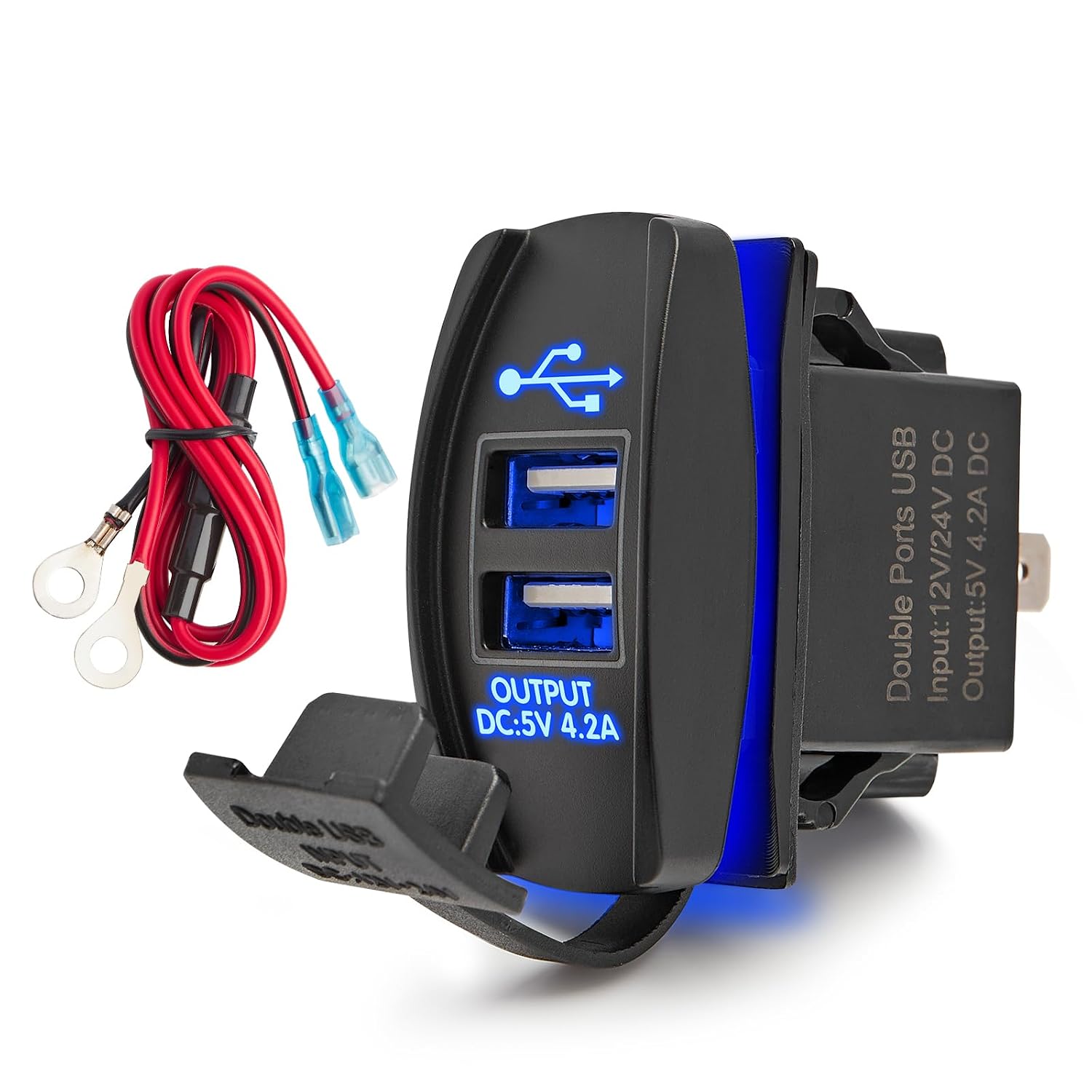 Anina 4.2A Rocker Switch Style Dual USB Charger Blue LED Light, Waterproof USB Port with 10A Fuse for Marine Toggle Switch Panel on 12V-24V Car ATV UTV Boat Polaris Can-Am, Universal Quick Charger