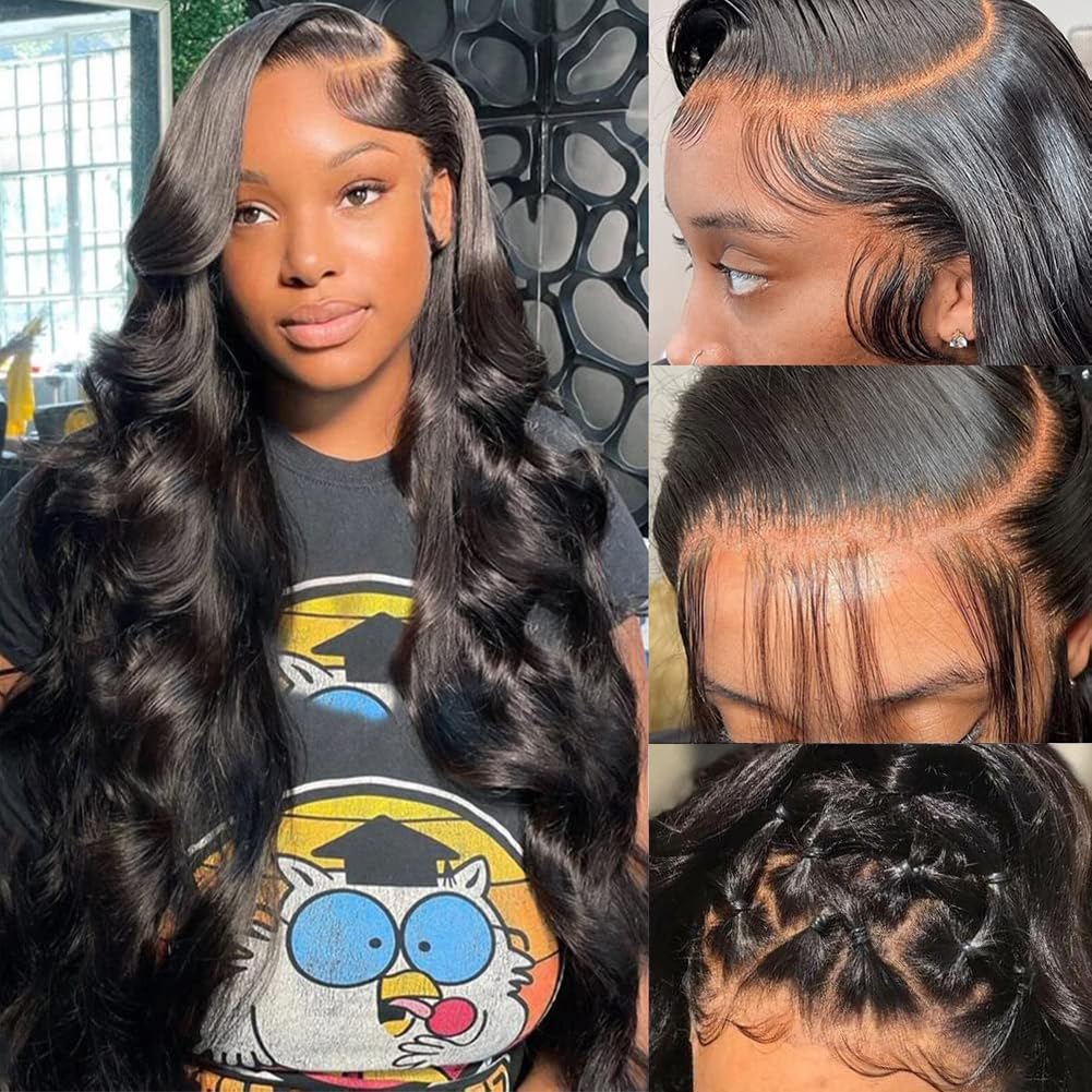 Pizazz 13x6 HD Transparent Lace Front Wigs Human hair Pre Plucked 180 Density Brazilian Body Wave Frontal Wigs Human Hair with Baby Hair Natural Hairline Natural Black Color 28Inch