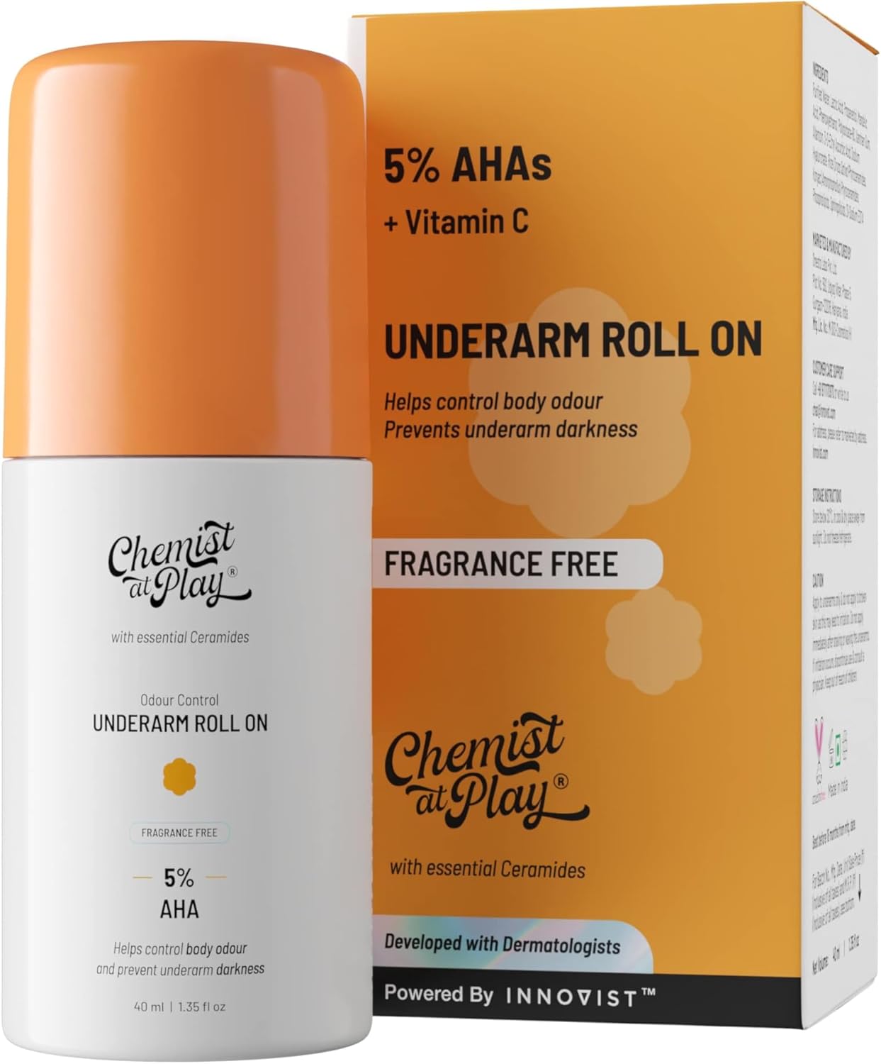 Chemist at Play UnderArm Roll-On with 5% Lactic Acid 1% Mandelic Acid | Prevents Odour Brightens Skin & Exfoliates Underarm | Fragrance-Free for Sensitive Skin | Alcohol & Aluminium Free | 40 ml