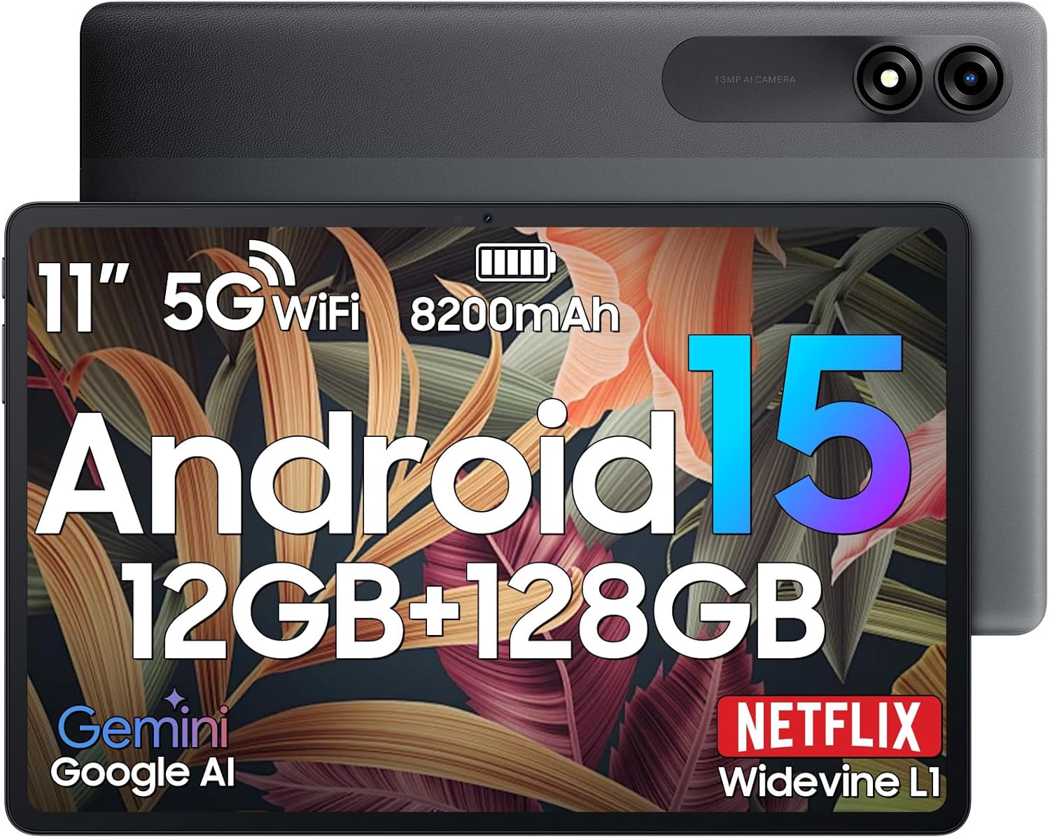 Blackview Tablets 11 inch Android 15, 12GB RAM+128GB ROM(1TB TF), 8200mAh,10W Fast Charging Android Tablet,Widevine L1,5G WiFi,13+8MP,Type-C,3.5mm Headphone Jack,Bluetooth 5.0,2 year warranty-2025