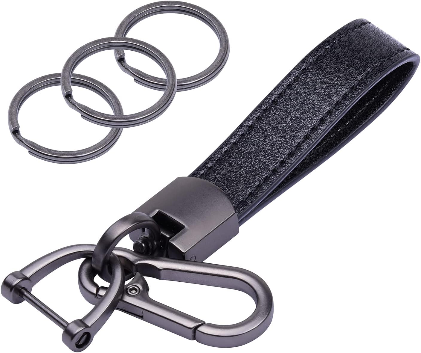 wisdompro Genuine Leather Car Keychain, Universal Key Fob Keychain Leather Key Chain Holder, 360 Degree Rotatable, with Anti-lost D-ring, 3 Keyrings - Black (Carabiner Clip),5 inches