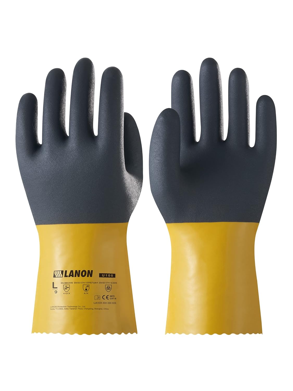 LANON 3 Pairs PVC Chemical Resistant Gloves, Reusable Heavy-Duty Work Gloves, Acid, Alkali and Oil Protection, EN 374/388, Non-Slip, Large