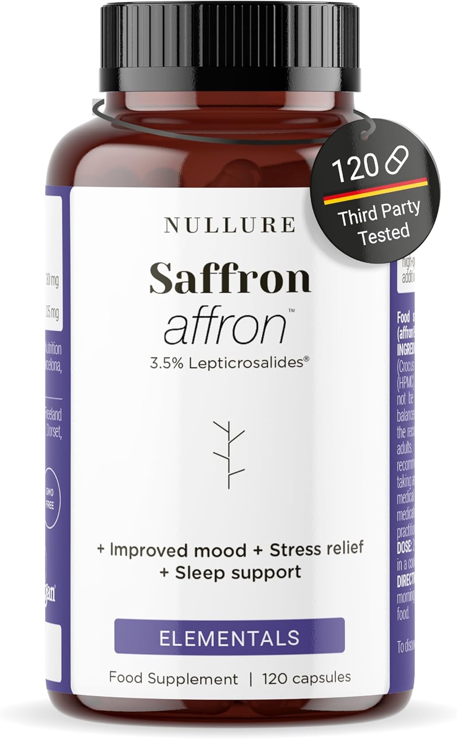 Nullure Premium Saffron Supplement | Affron Patented Saffron Capsules | 3.5% Lepticrosalides | Vegan and Additive Free | Mood · Stress · Sleep| Pure Saffron Extract Capsules | 120 Capsules