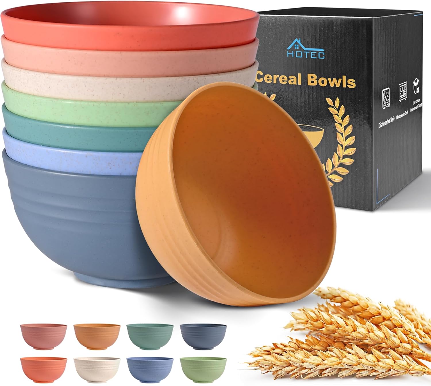 HOTEC Unbreakable Wheat Straw Cereal Bowls - Microwave & Dishwasher Safe Soup and Salad Bowls, Set of 8, 26oz, BPA Free, Multicolor