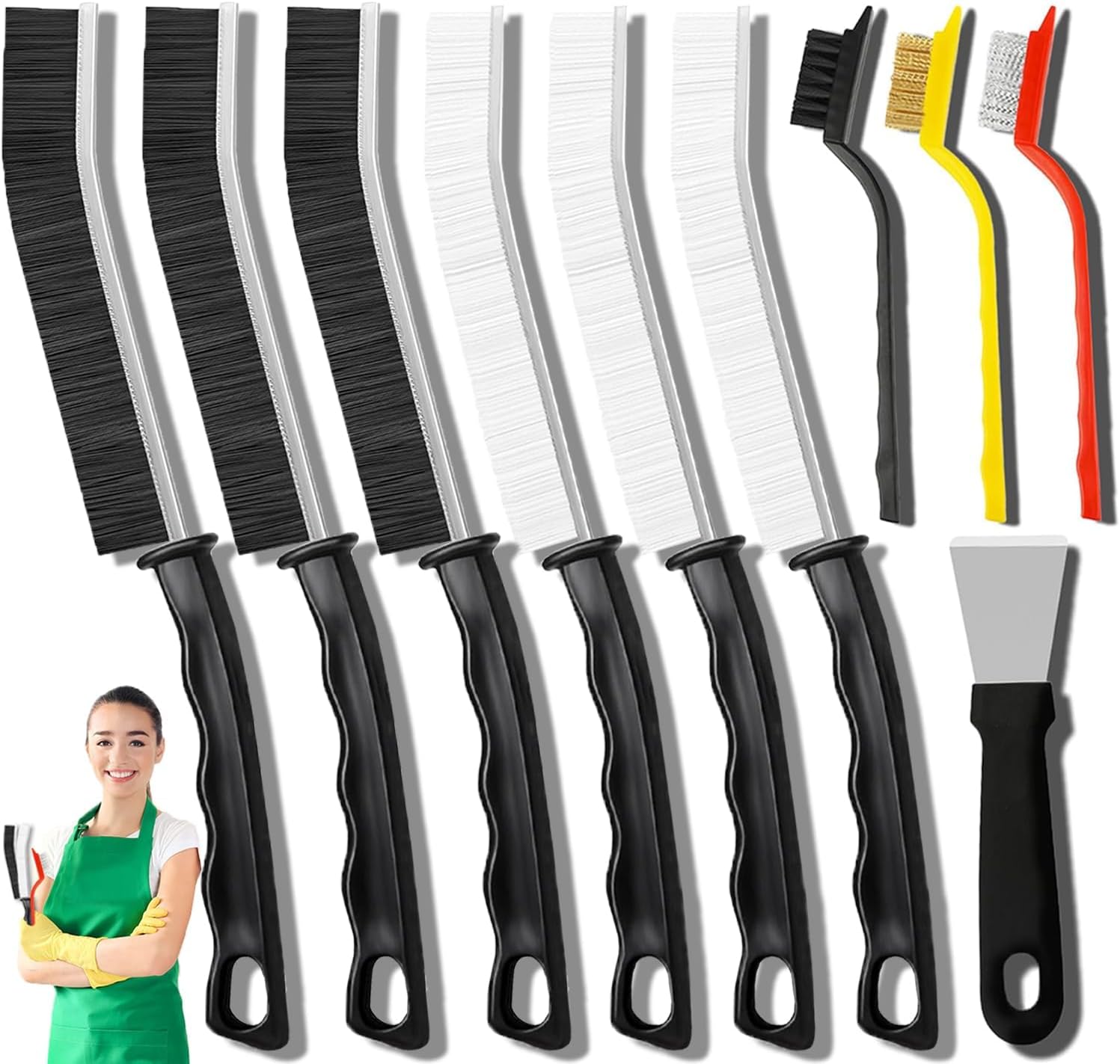 SUZMEI 10Pcs Crevice Cleaning Brush Set with Scraper, Hard Bristle Cleaning Supplies for Kitchen, Bathroom, Corner, Sink, Cup, Teapot, Bottle
