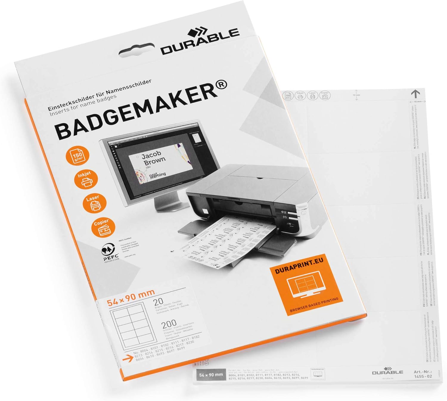 Durable BADGEMAKER Inserts 54 x 90mm - Pack of 200 Inserts - Printable Name Badge Inserts - Create Professional Badges In Minutes