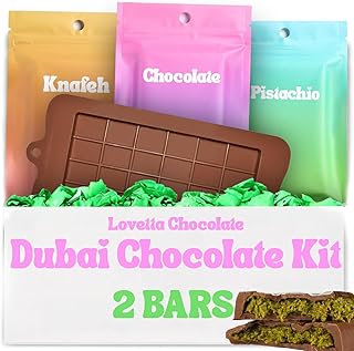 Lovetta Chocolate Viral Dubai Stuffed Chocolate Bar Kit – DIY Chocolate Making Set with Meltable Chocolate Wafers, Pistachio Cream, Kataifi, Mold & Instructions – Makes 2 Bars – Fun Decorated Gift Box