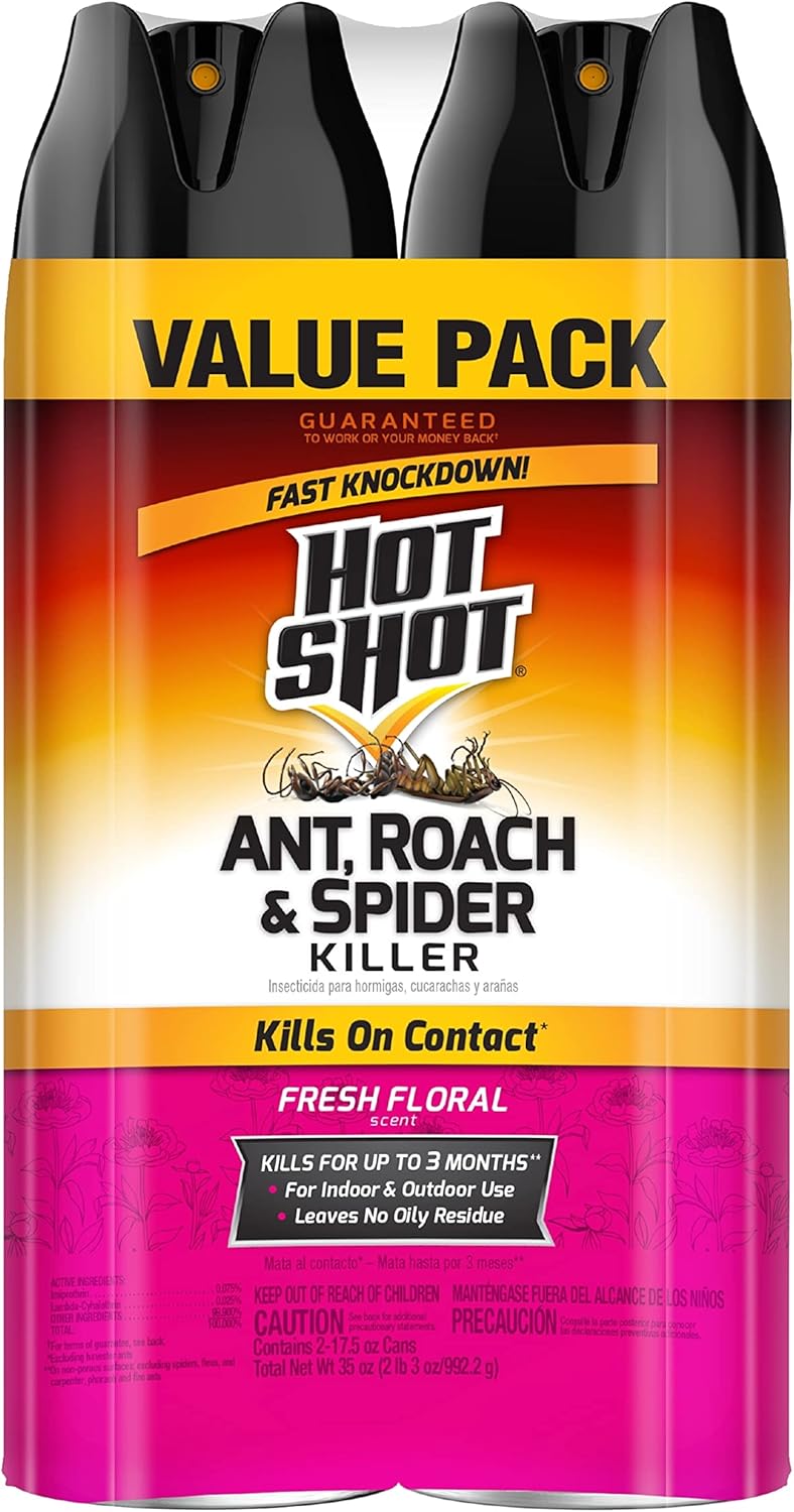 Hot Shot Ant, Roach And Spider Killer 2-17.5 Ounce Aerosol Cans, Fresh Floral Scent, Twin Pack