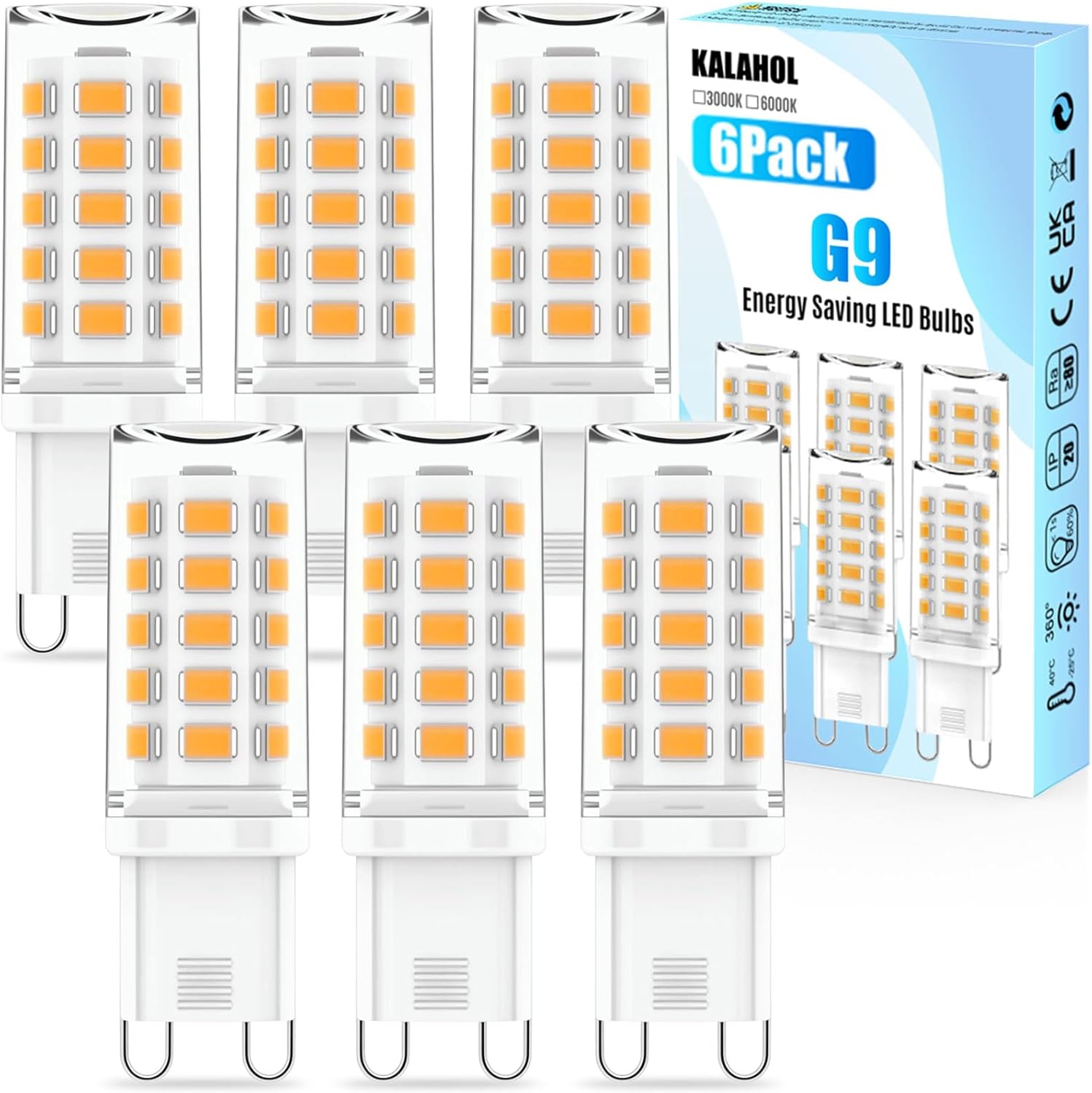 KALAHOL 6 Pack G9 LED Bulbs Warm White, 4W, 3000K, No Flicker, Equivalent to 40W Halogen, 400LM, Non-Dimmable, Energy Saving G9 LED Light Bulbs for Decoration, Office, Home Lighting Decor and More