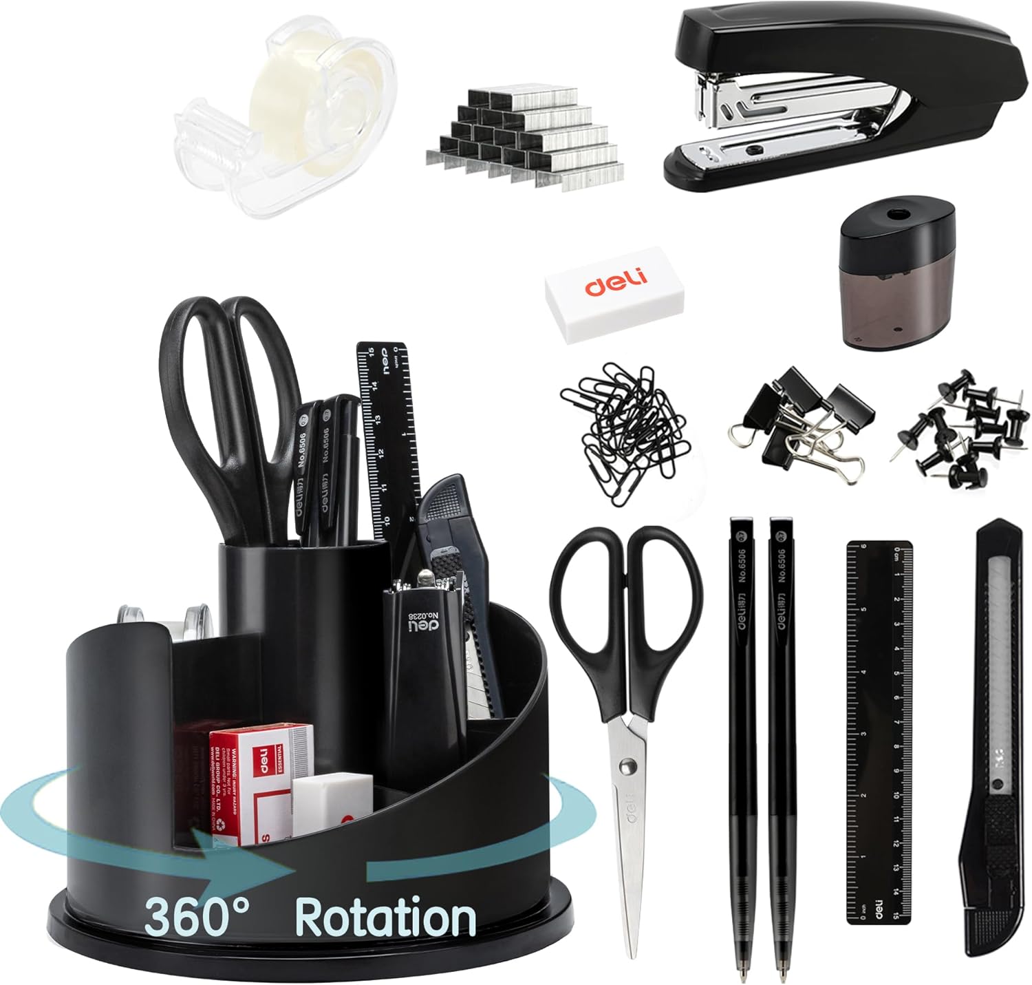 deli Office Supplies Set, 1045 Pcs-Desk Accessory Organizer Kit, Stapler Set, Rotating Multi-Functional Pen Holder, Tape Dispenser, Pens, Binder Clips, Sharpener, Scissor, Eraser, Black