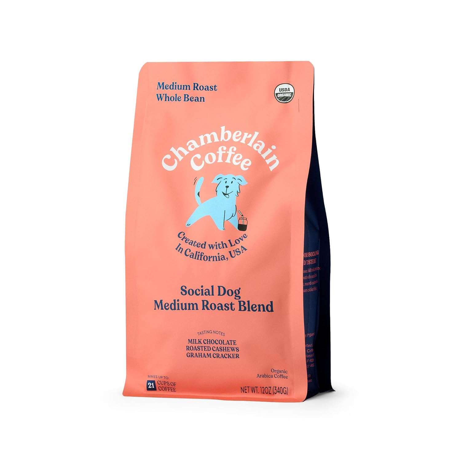 Chamberlain Coffee Social Dog Blend - Full Bodied, Medium Roast Coffee Beans with Notes of Milk Chocolate, Peanuts, Brown Sugar & Graham Crackers - Whole Bean Specialty Coffee Freshly Roasted In California - 12 oz