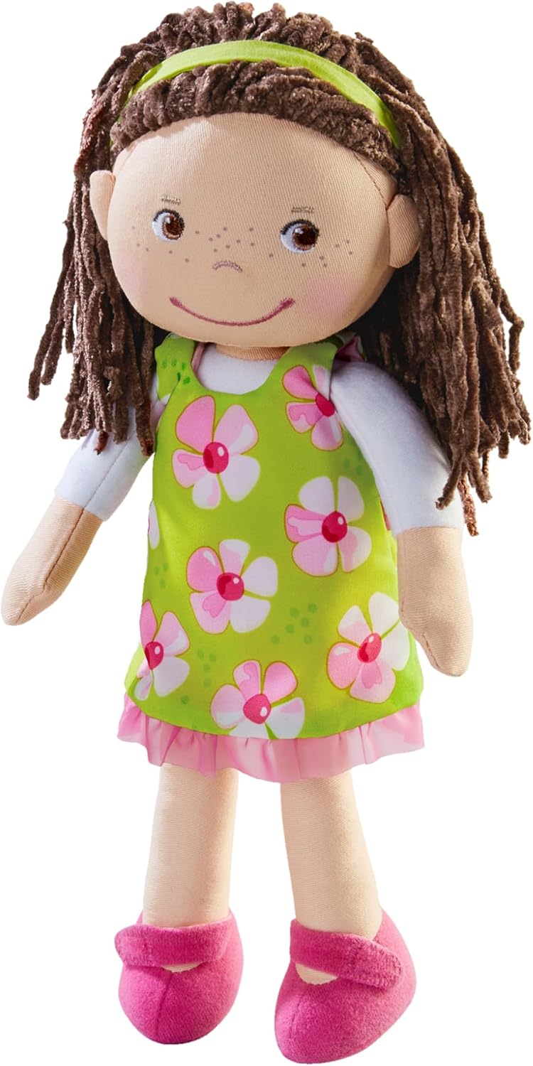 HABA Coco 12" Soft Baby Doll with Brown Hair, Embroidered Face, Removable Green Dress, Matching Headband - Machine Washable Toddler Doll - 18 Months+