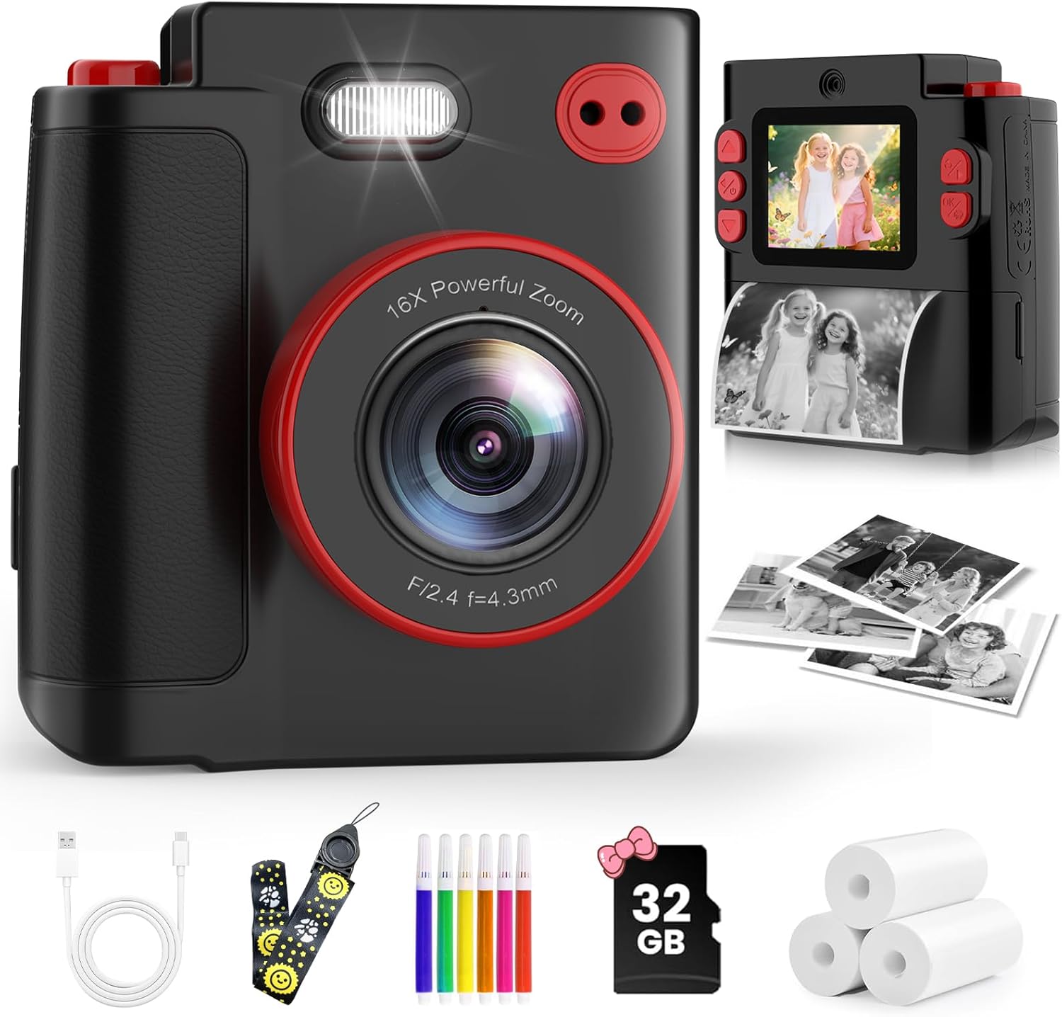 MYSTILUCK Kids Camera Instant Print, 1080P Instant Camera for Kids, Children Digital Cameras with 32GB Card & 3 Rolls Photo Paper, Christmas Birthday Gifts Toys for Boys & Girls Aged 3-12（Black）
