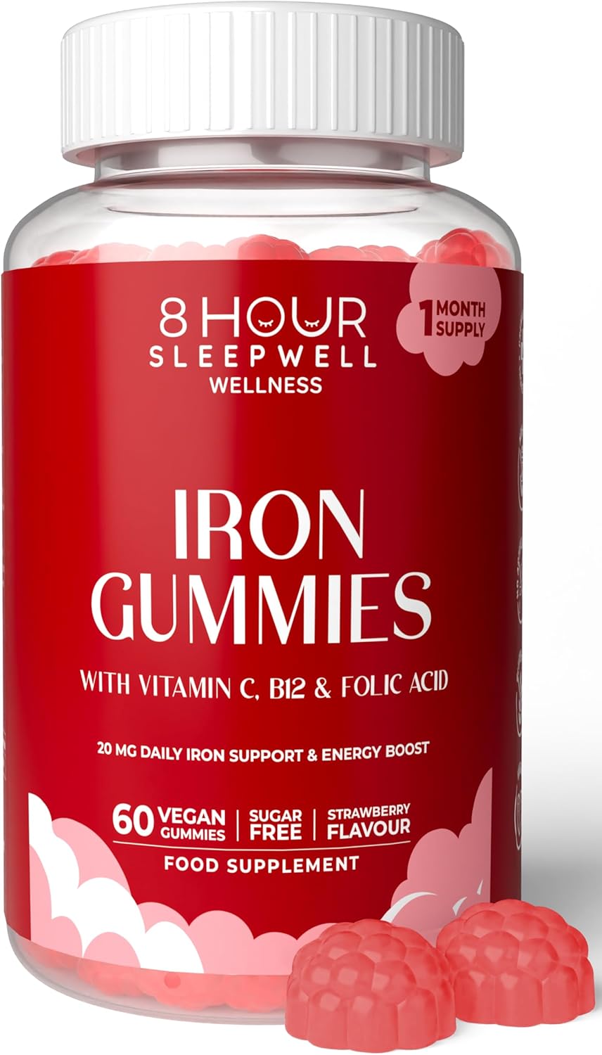 Iron Gummies – Sugar-Free & Vegan | High Strength 20mg for Energy, Immunity | with Vitamin C, B12 & Folic Acid | Alternative to Iron Tablets & Drops | Supplements for Women & Men | 1 Month Supply