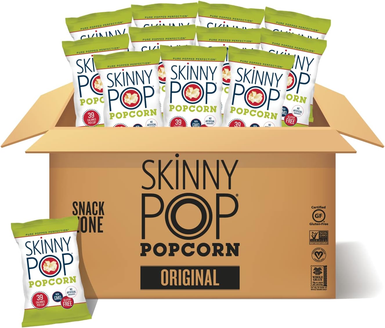 SkinnyPop Popcorn, Gluten Free, Dairy Free, Non-GMO, Healthy Snacks, Skinny Pop Original Popcorn, 1oz Individual Size Snack Bags (12 Count)