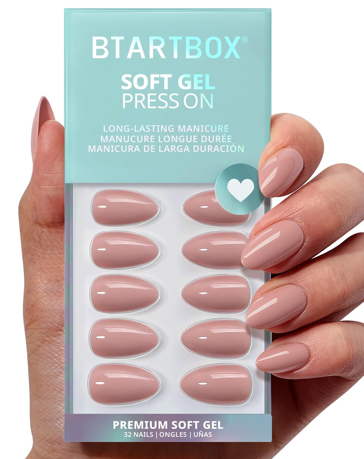 BTArtbox Press On Nails, Short Almond Nude Fake Nails, 32Pcs Full Kit