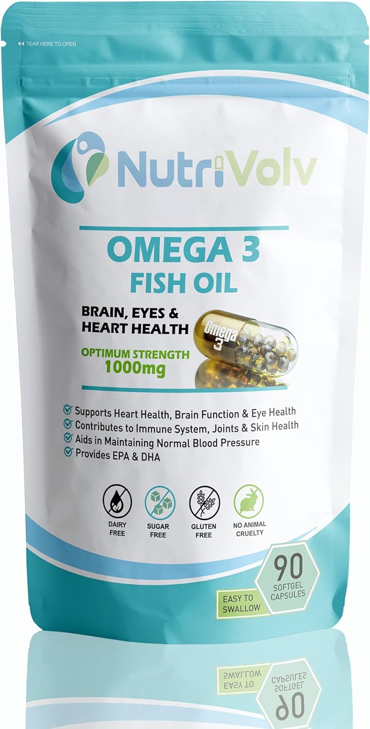 Nutrivolv Ultra Purified Omega 3 Fish Oil Capsules With Essential Fatty Acids EPA & DHA Supports Heart, Eye & Brain Health | 90 Softgel Capsules