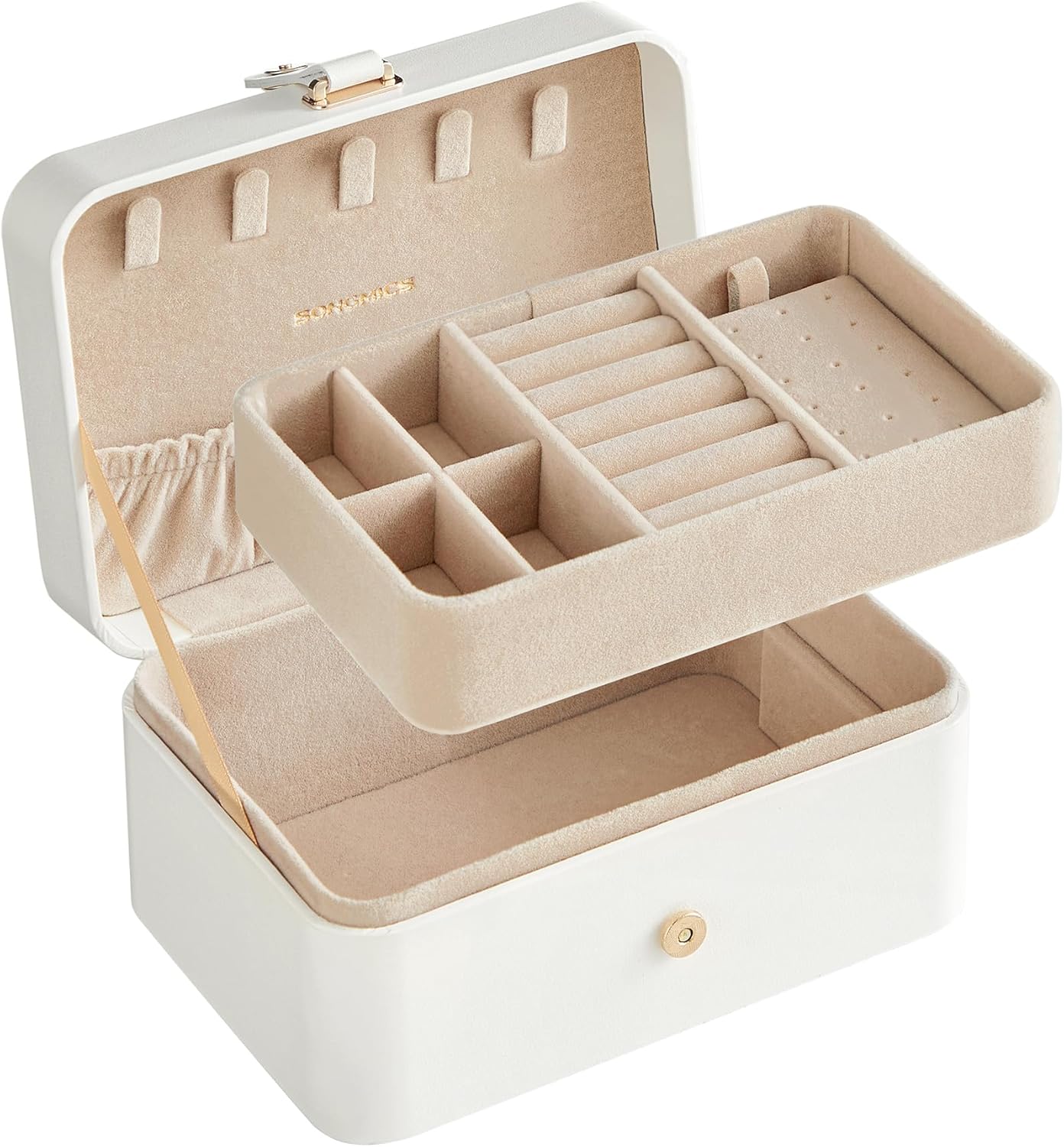 SONGMICS Jewellery Box, 2-Layer Jewellery Storage, 11 x 16 x 8 cm Travel Jewellery Box, Portable Jewellery Case, Small, Spacious, for Larger Accessories, Gift Idea, Cloud White JBC166W01
