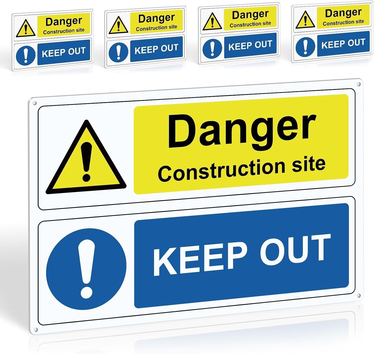 5Pcs Danger Construction Site Keep Out Signs - Safety Warning Sign Set, 300x200mm, 1mm PVC Rigid Plastic, 4 Pre-Drilled Holes and Self-adhesive Backing