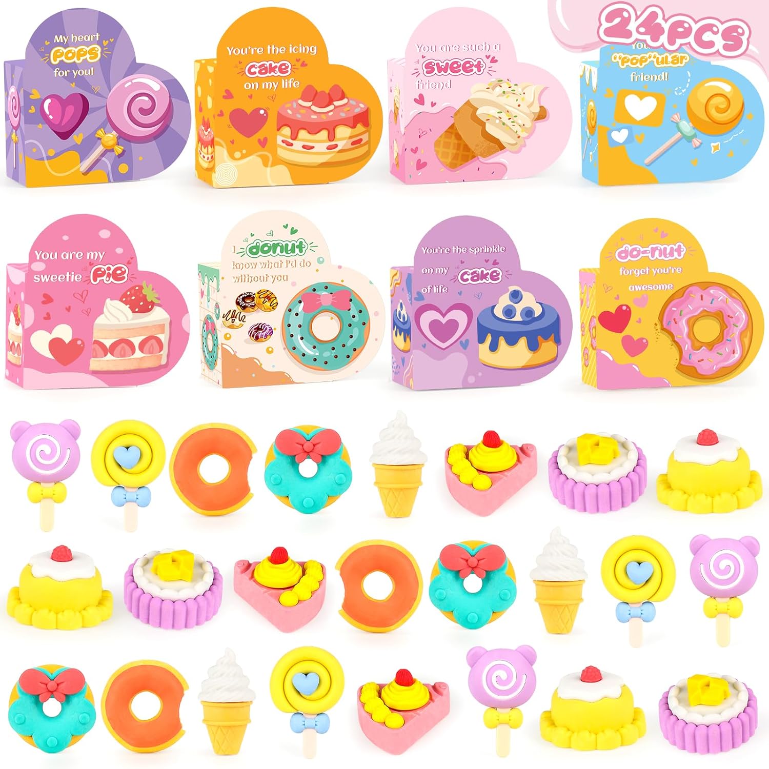 Valentines Day Gifts for Kids, 24 Pack Heart-Shape Boxes with 3D Take Apart Cake Dessert Erasers Toys for School Classroom Exchange,Valentine’s Greeting Cards,Valentines Party Favors for Boys Girls