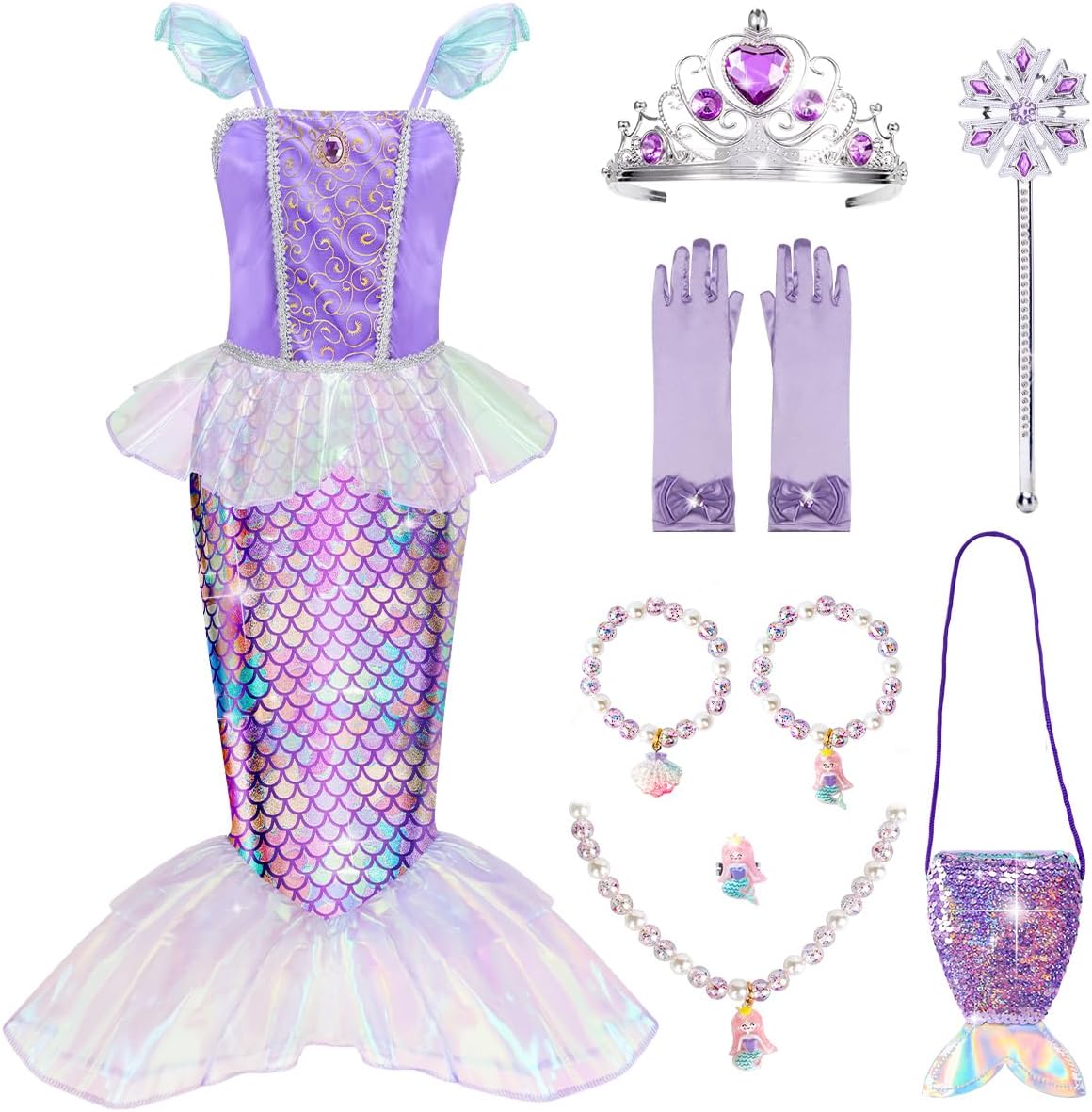 MELAND Mermaid Costume Kids, Princess Costumes for Girls Gift Aged 3-8, Little Mermaid Dress Up for Girls Halloween, Party