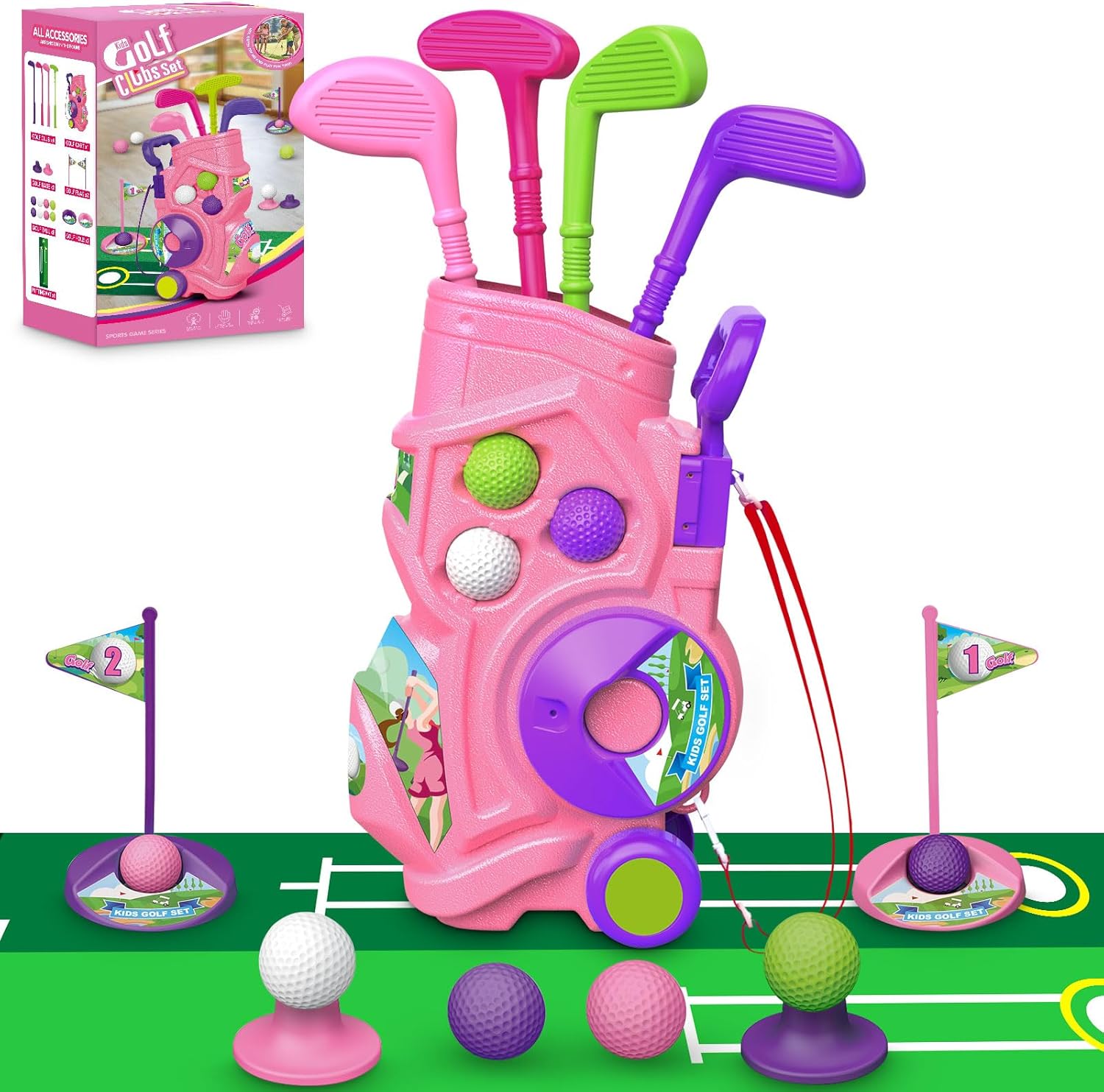 Toddler Golf Set with Putting Mat, 4 Clubs, 8 Balls, 2 Practice Holes for Kids 3-5 Years Old, Indoor Outdoor Sports Toys with Shoulder Strap, 20 Pieces