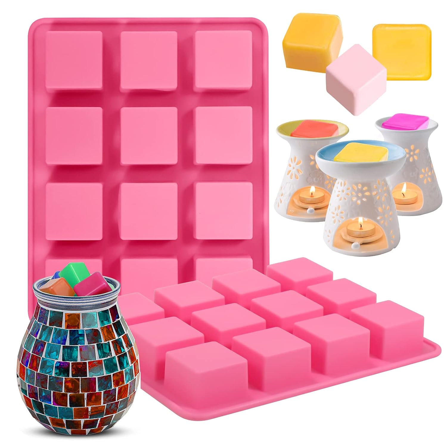Mity rain Silicone Wax Melts Mold, 2pcs 12-Cavities Square Baking Molds Set for Candle-Making and scented wax melts, Baby Food Chocolate Truffles, Ganache, Jelly, Candy, Praline.