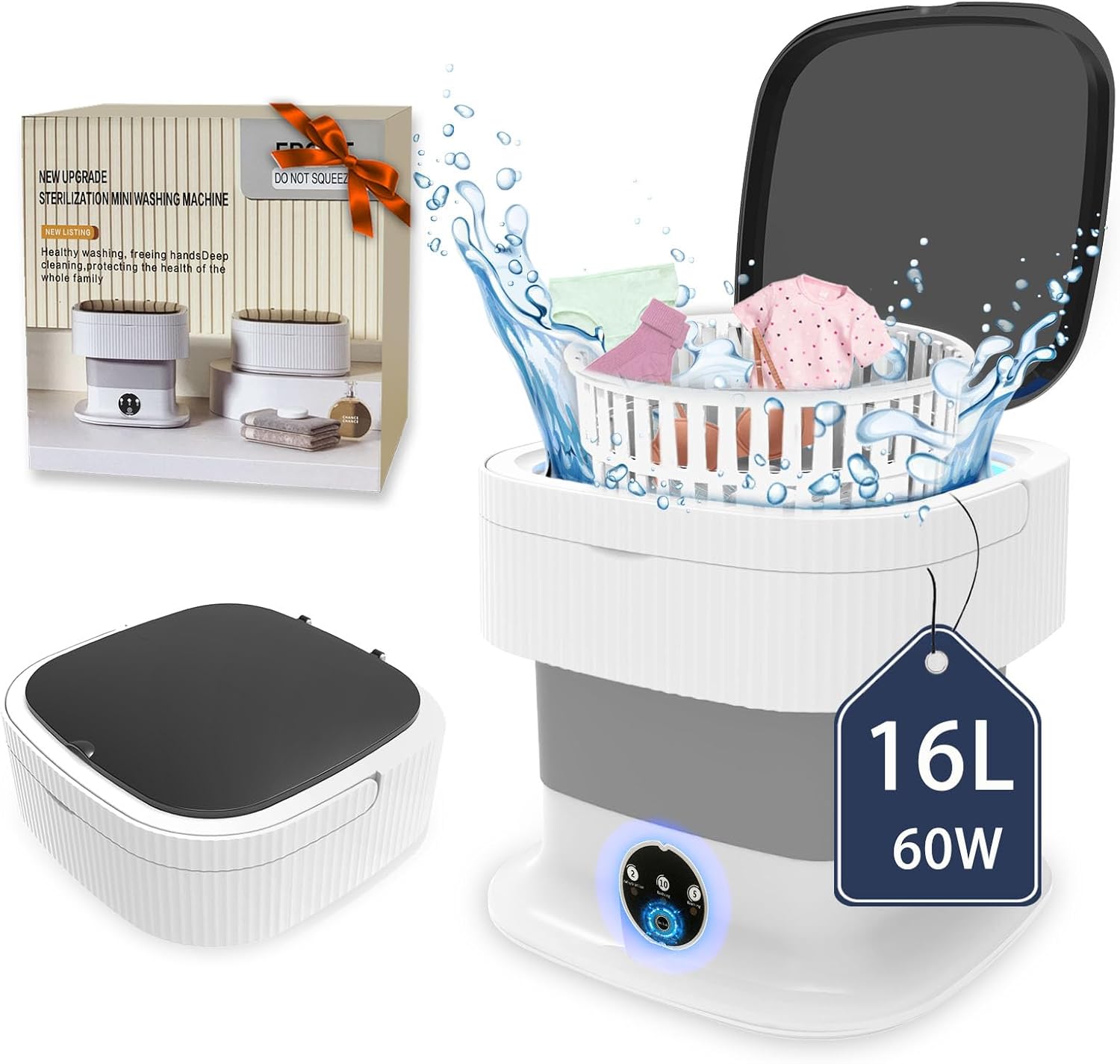 Portable Washing Machine, 60W Mini Washer and Dryer, 16L Folding Lavadora Portatil,Collapsible Small Compact Clothes Laundry with Spin for Underwear, Baby Clothes, Socks（Grey)