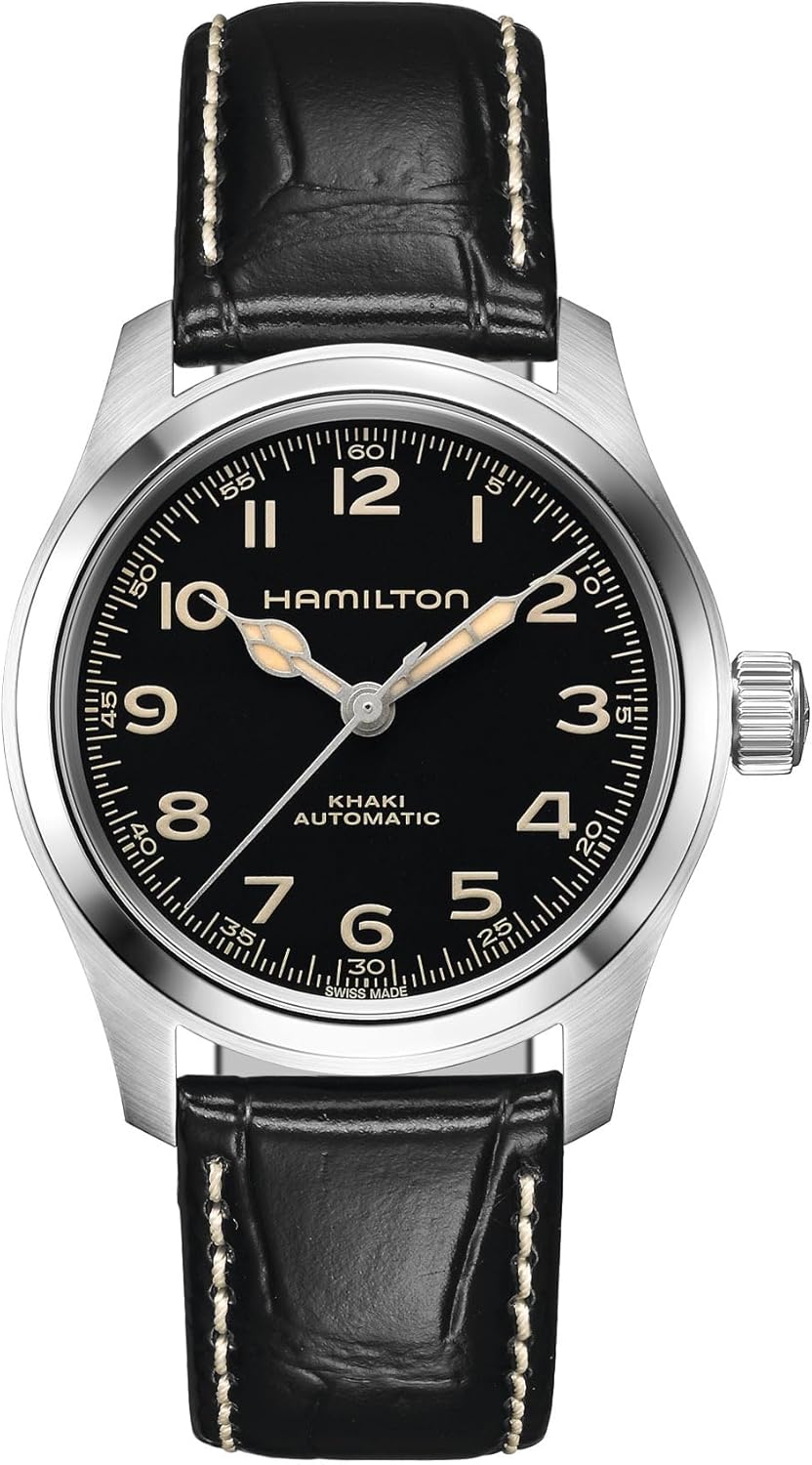 Hamilton Khaki Field Murph Automatic Men's Watch, 38mm Stainless Steel Case, Swiss Made, Black Dial Analog Wrist Watch for Men, 100m Waterproof, Sapphire Crystal, 3-Hand Movement, Cow Leather Strap