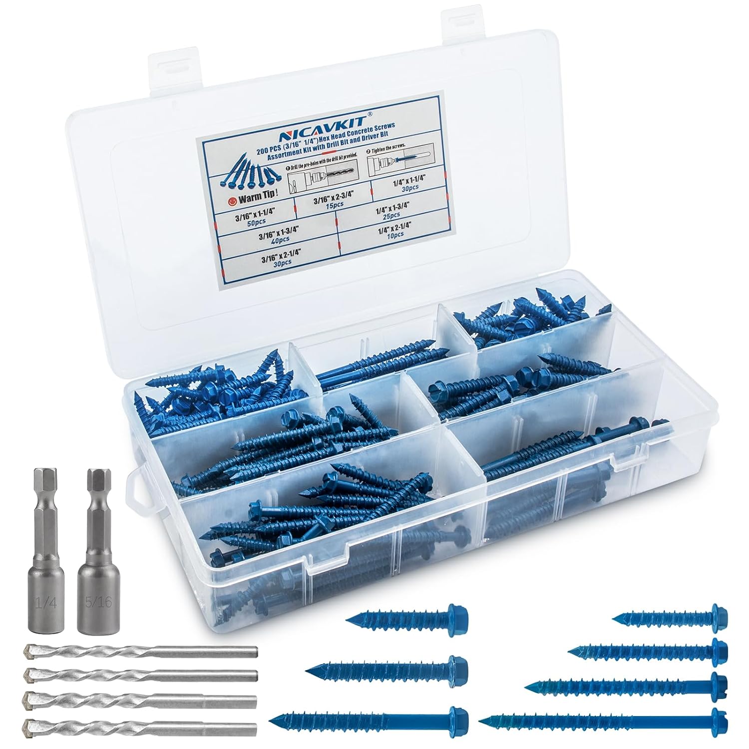 200Pcs Concrete Screws with Drill Bit and Driver bit, 3/16" 1/4" Hex Head Concrete Cement Screws Assortment Kit for Anchoring to Masonry, Block or Brick Stucco, Length 1-1/4" to 2-3/4"