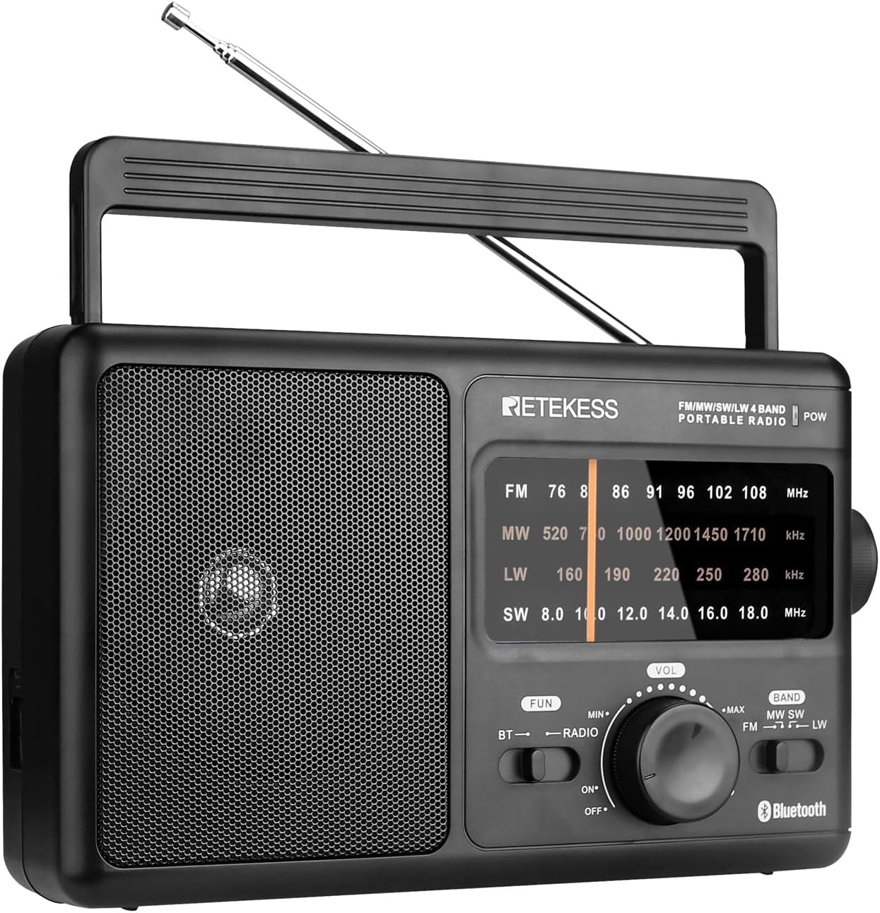 Retekess TR626 Portable Radio Mains and Battery,Transistor Radio FM AM LW SW with Excellent Reception,Bluetooth,Headphone Jack,Large Speaker,for the Elderly (Black)