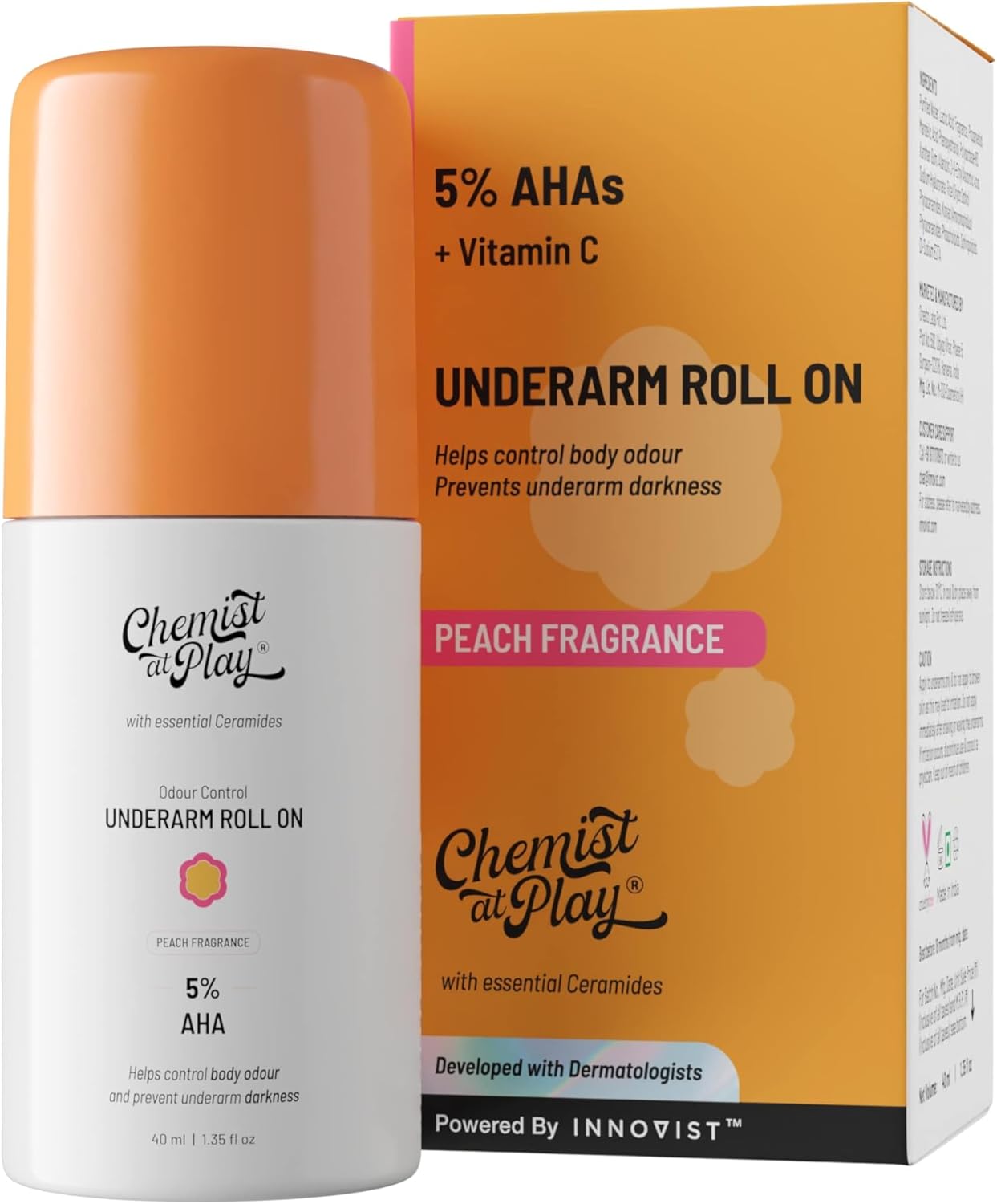 Chemist at Play Under-Arm Roll-On Deodorant With 5% Lactic Acid & 1% Mandelic Acid, Prevents Odour, Brightens Skin & Exfoliates Underarm, Long Lasting Peach Fragrance For Unisex, 40ml