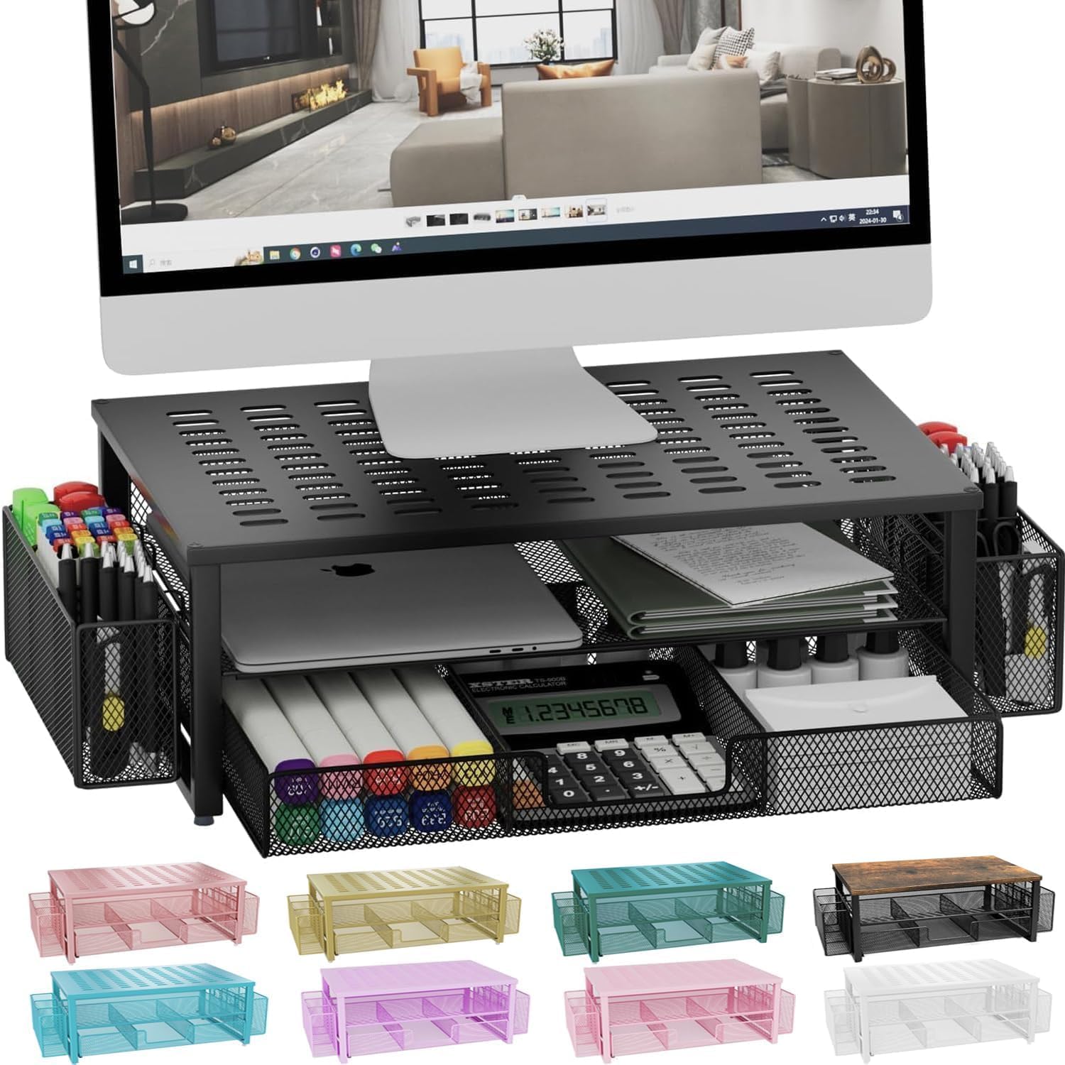 gianotter Desk Computer Monitor Stand Riser with Drawer and 2 Pen Holder, Desk Accessories & Workspace Desk Organizers, Desktop Organizer for Office Supplies (Black)
