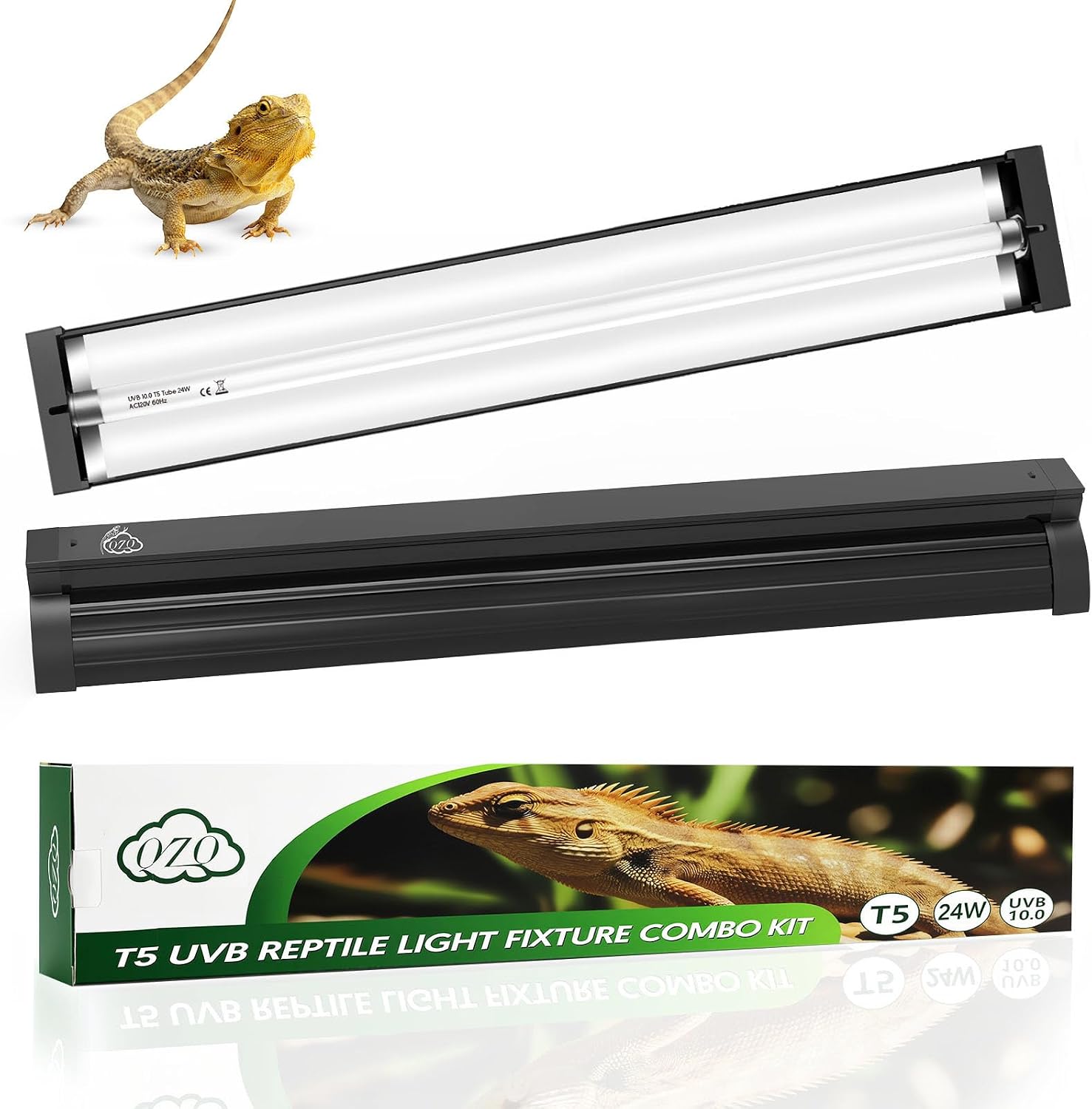 QZQ T5 UVB Reptile Light Fixture Combo Kit 24W, 10.0 UVB Light for Reptiles, Terrarium Hood Comes with Desert Reptile Lamp for Bearded Dragon, Gecko, Tortoise, Lizard