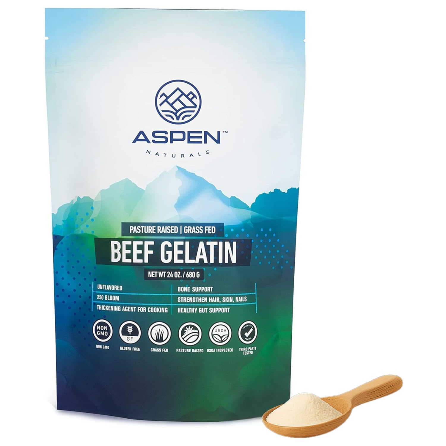 ASPEN NATURALS Beef Gelatin Powder Unflavored 24 Oz | Grass Fed, Pasture-Raised | Non-GMO, Gluten-Free, Paleo-Friendly | Premium Culinary Gelatin | Cooking, Baking, Gummies, Marshmallows & More