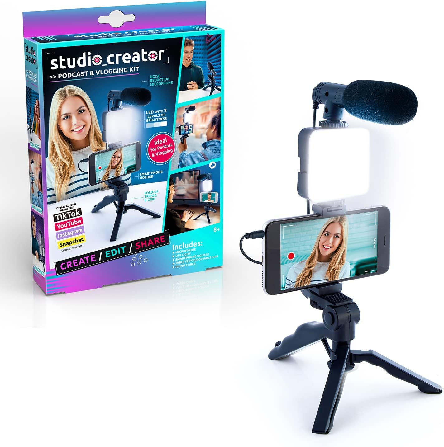 Studio Creator Podcast and Vlogging Kit, Phone Holder, LED Light, Microphone + Tripod, Create Content On The Go, Age 6+, White