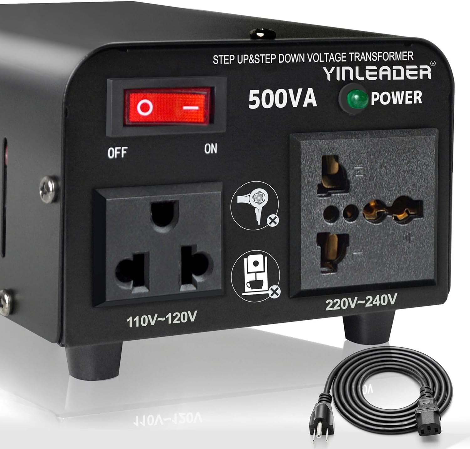 Yinleader 500W Voltage Transformer Power Converter(110V to 220V, 220V to 110V) Step Up/Down Converter 110/120 Volt - 220/240 Volt w/US Power Cord [300W Continuous Power]