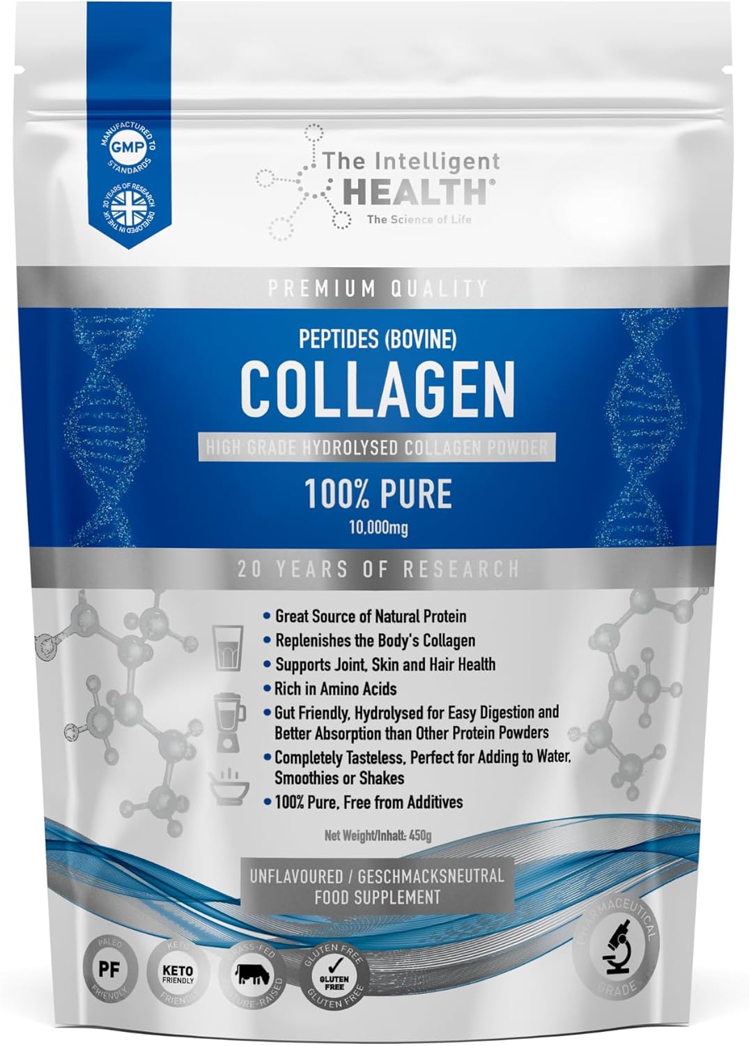 The Intelligent Health Collagen Powder, Hydrolysed Bovine Peptides, Unflavoured Protein Formula, Grass Fed, Collagen Supplement for Women & Men, 450g