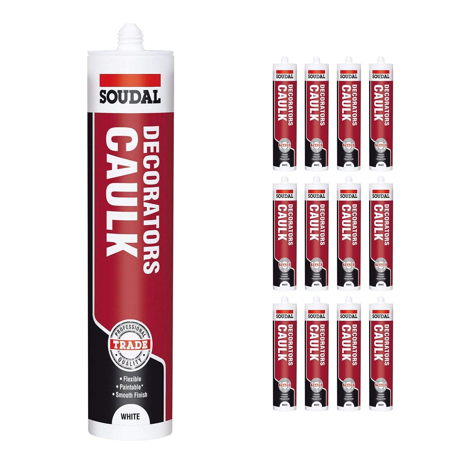 Pack of 12, Soudal Decorator Caulk Gap & Crack Filler Acrylic Silicone Adhesive Sealant